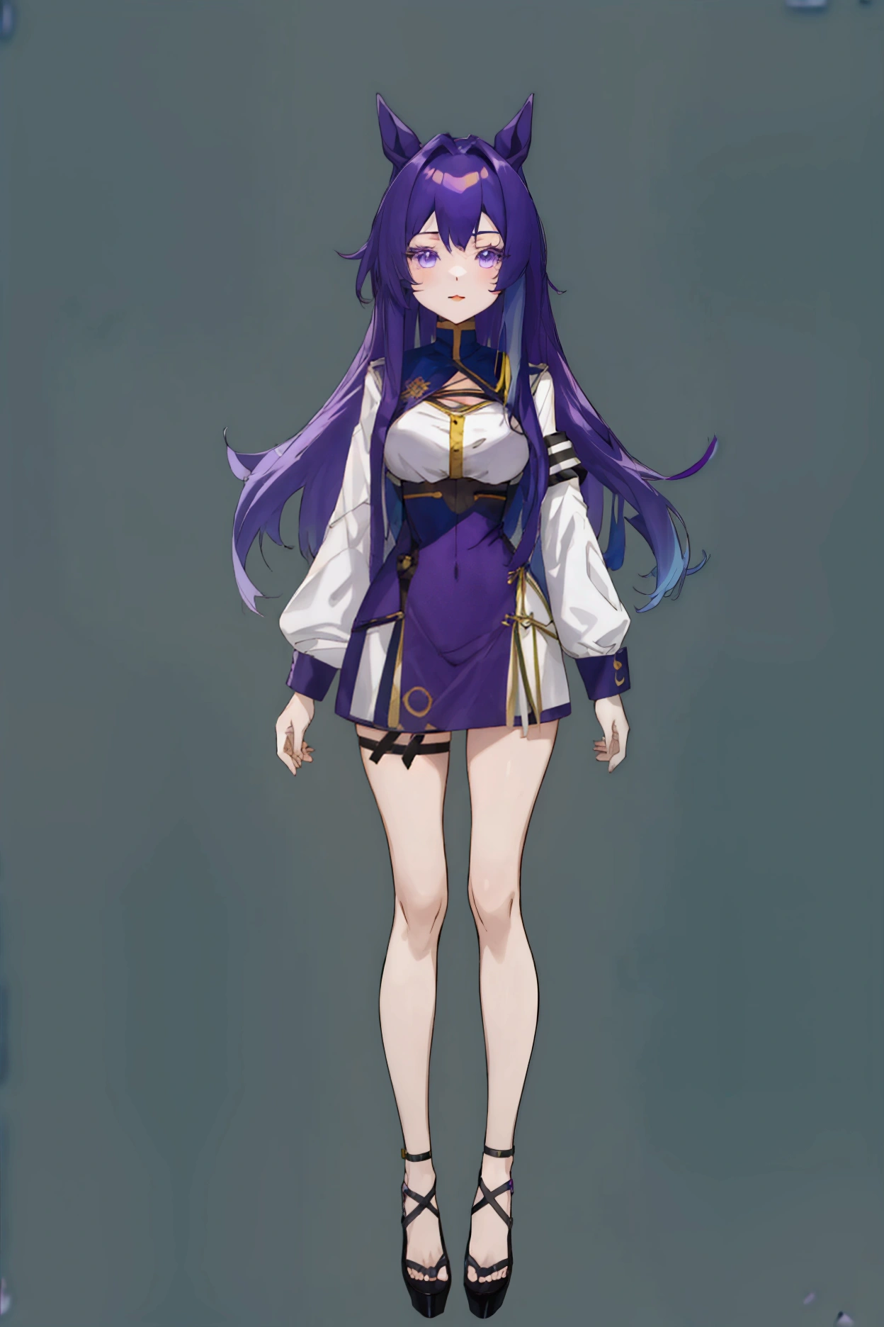 (full body), ((simple blue chroma background)), 22-year-old long straight purple hair, horsetail in her hair, purple eyes, anime-long style 2000, short dress tight with golden detailing, breasts bigger than her head, flirty look, lipstick, 4k, hd, self-definition, good image quality and lined, (vtuber-fullbody),