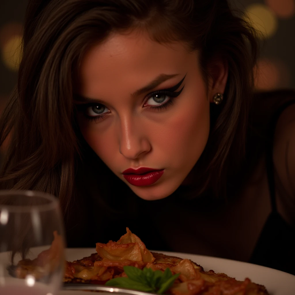 close up portrait of girl in goth makeup with eyeliner flicks, dark red lip gloss, latex catsuit, on a dinner date, leaning forward, eye contact