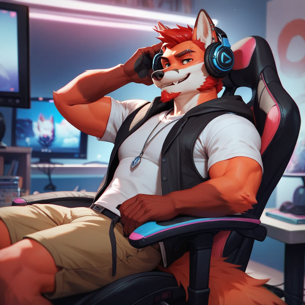 A fox, anthromorphic , red body, adult, short beard,  wearing a hooded vest , piercing, and some headphones , pose,  sitting in a gamer chair,  in a simple room , 4k