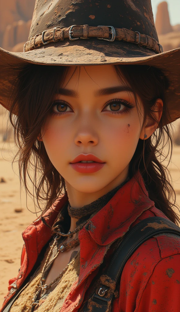 beautiful detailed eyes, beautiful detailed lips, extremely detailed eyes and face, long eyelashes, 1girl, woman, gunslinger, bounty hunter, standing in a desolate wasteland, glitch wave style, photorealistic, 8k, high resolution, masterpiece, ultra-detailed, vivid colors, cinematic lighting, dynamic composition