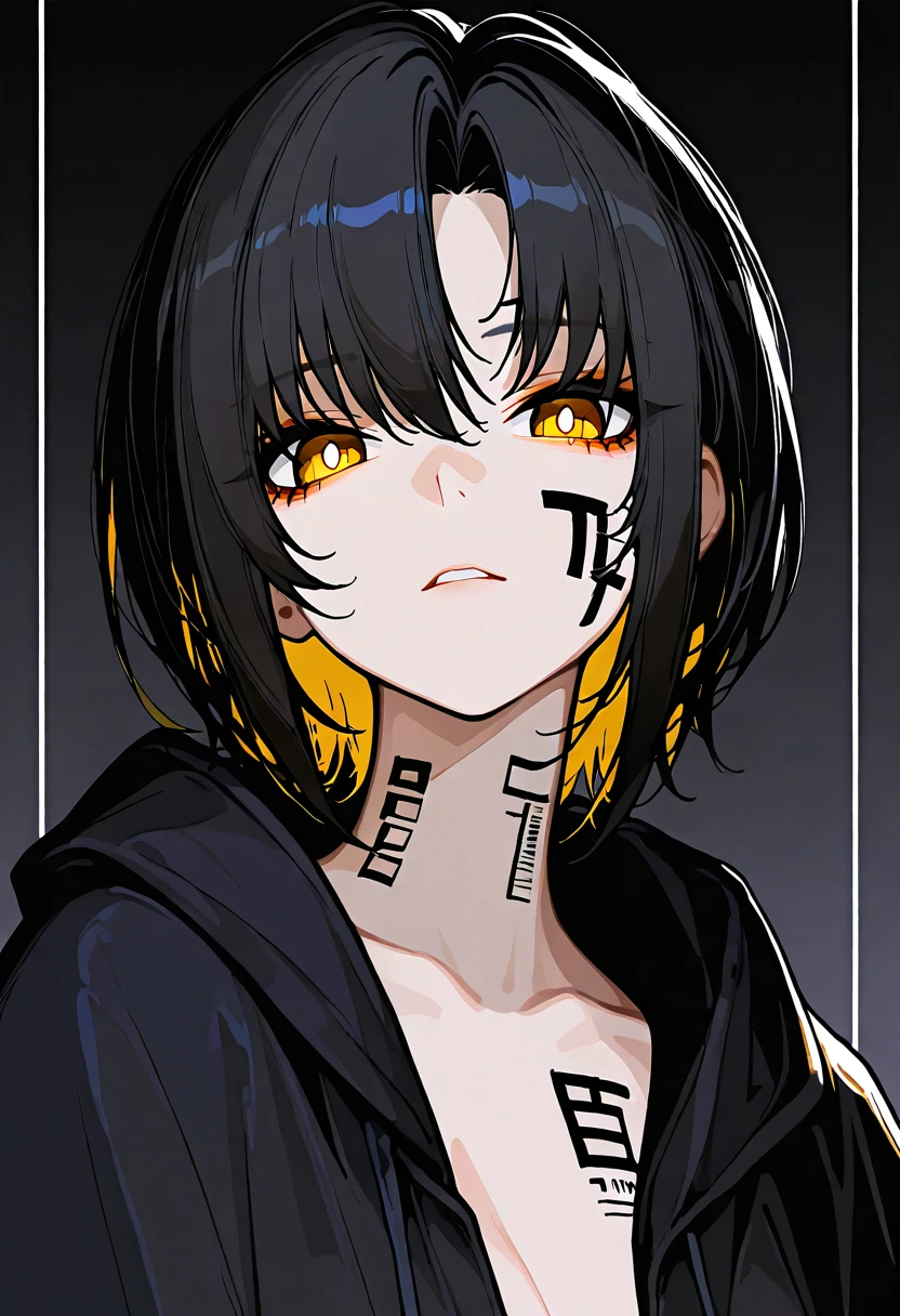 1girl, black hair, golden eyes, bright pupils, tattered black cloak, (diagnol rectangle tattoos on cheeks), masterpiece,best quality,amazing quality,very aesthetic,absurdres,newest