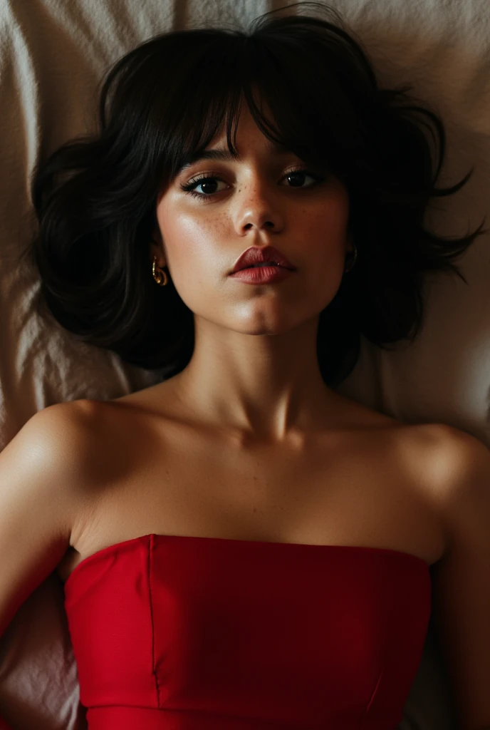 View from above, Lying on a bed limp, seductive, red strapless dress, black bob cut hair, drunk face