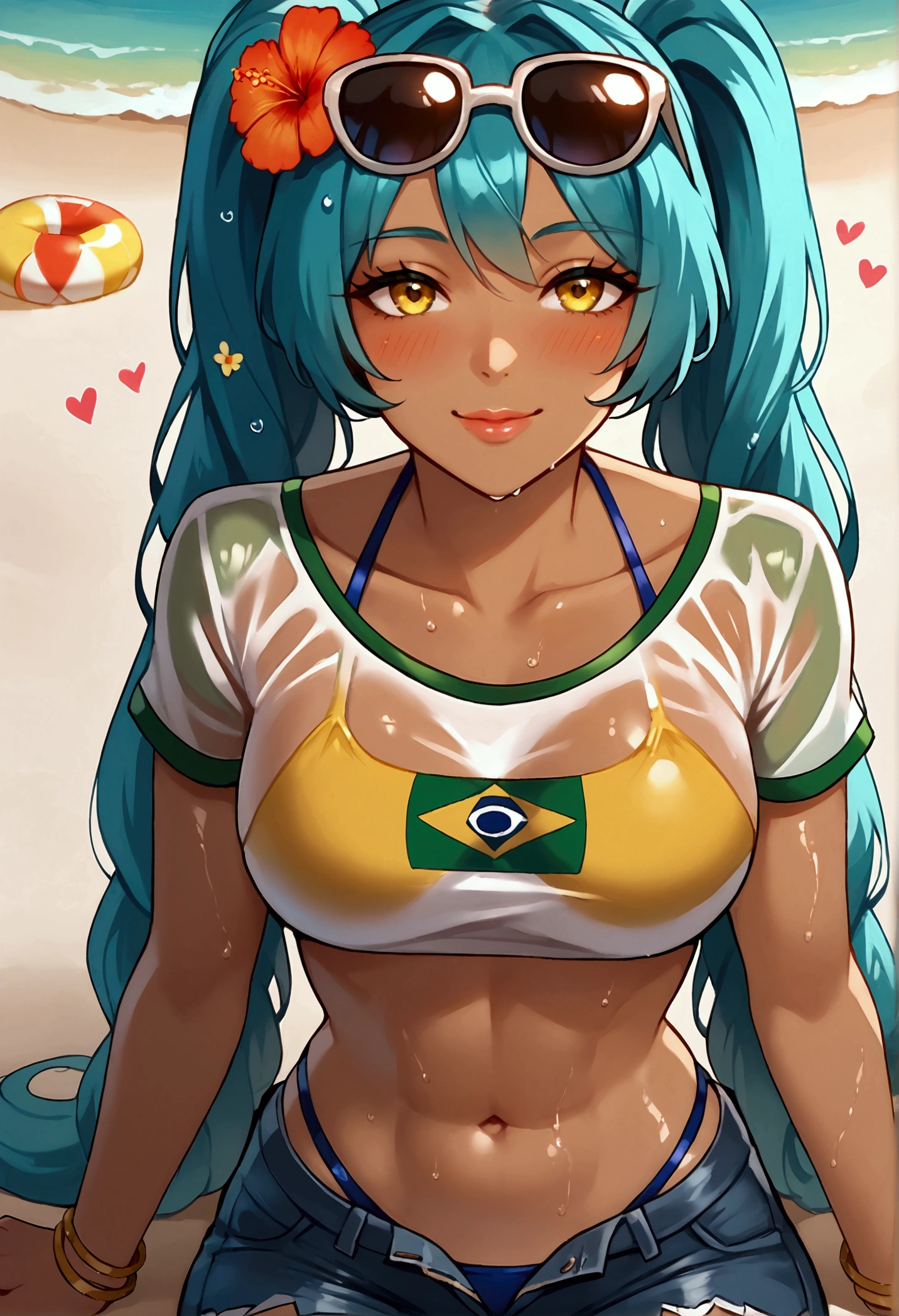 Full quality, HD, 8k, Ultradetailed, beautiful, high detailed, 1 girl, Miku Brazil, Brazilian Miku, seductive eyes, lips, drunke, blushing,smile, happy face, eyes up,brown skin, fit body, flat busty, blue hair, two very long pigtails, up sunglasses on head, flowers on hair, bikini, yellow tight Brazil t-shirt, tight jeans shorts, Beach, beach day, clear day, bikini wet, clothes wet, taking a bath in the sea , wet body, swimming in the sea, pov