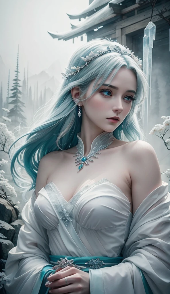 In a mesmerizing composition, a hauntingly beautiful death goddess stands tall in a barren mountain scape at night. Clad in flowing raiments that accentuate her well-defined figure, she holds a staff adorned with an intricate skull at its apex. Her long, untamed tresses cascade wildly around her pale face, serving as a stark contrast against her eerie glowing green eyes. This captivating image, perhaps a meticulously crafted painting, captivates with its vivid hues and masterful attention to detail. Every brushstroke brings forth the goddess's ethereal aura, and the barren mountain scape adds a sense of desolation and mystery. With its impeccable artistry and evocative qualities, this image promises to entrance onlookers with its dark elegance.