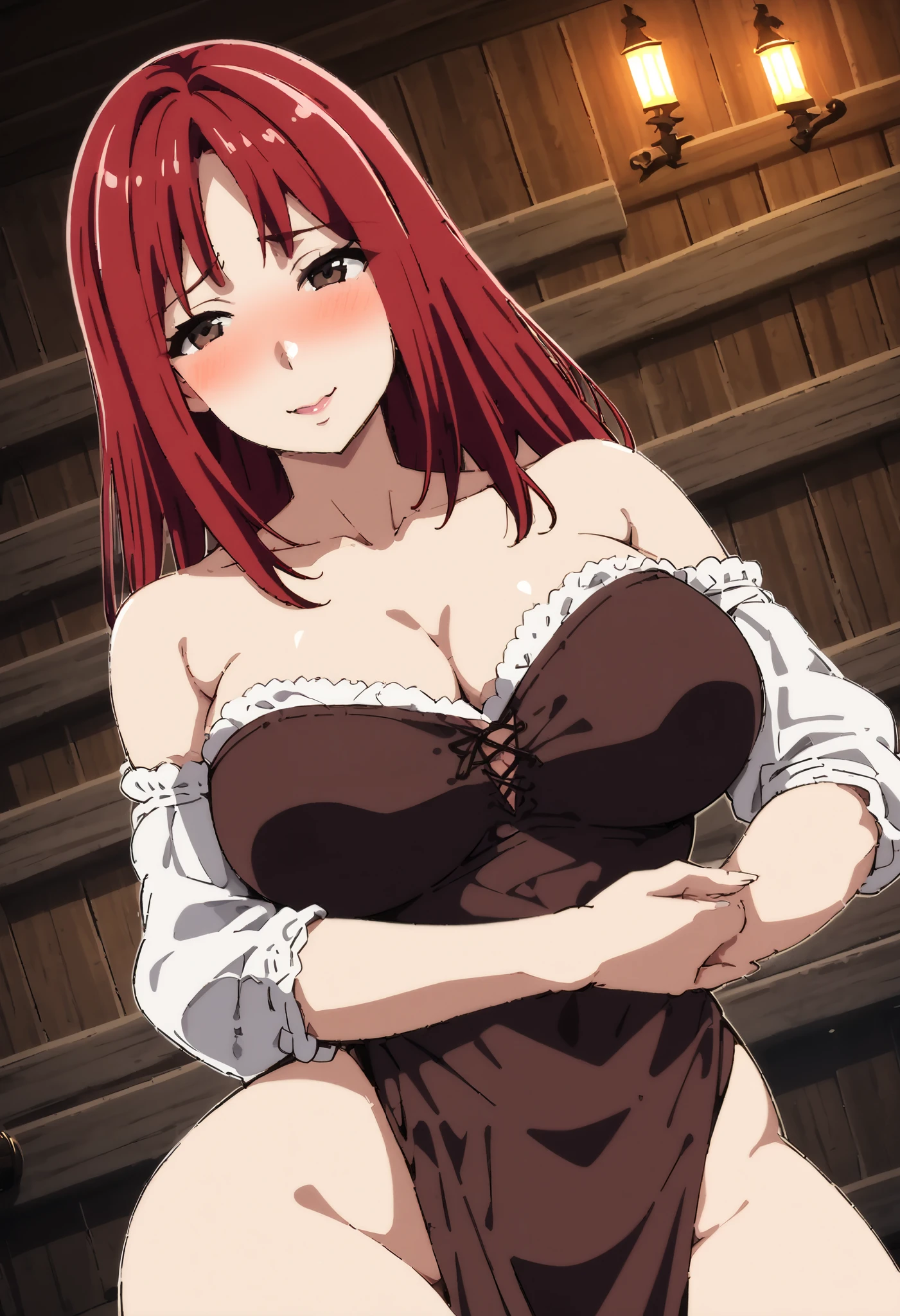 attractive mature woman in very tight medieval peasant dress with neckline, straight red hair,  sensual look, brown eyes, in a tavern, inn, erotic, sensual, Milf, ecchi, Expression mischievous, sexy pose, medieval tavern, sensual smile,  perfect body ,  tight dress , ,pose of please stop