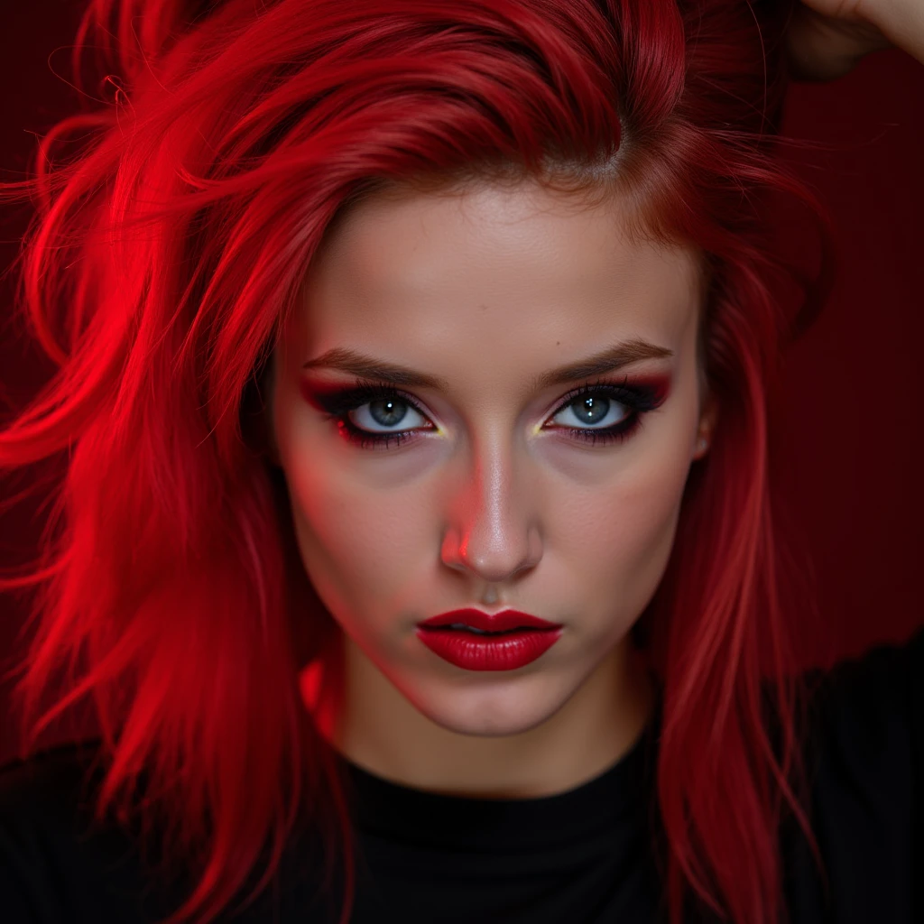 close up portrait of e girl in extreme makeup with red lip gloss, latex t shirt, red hair