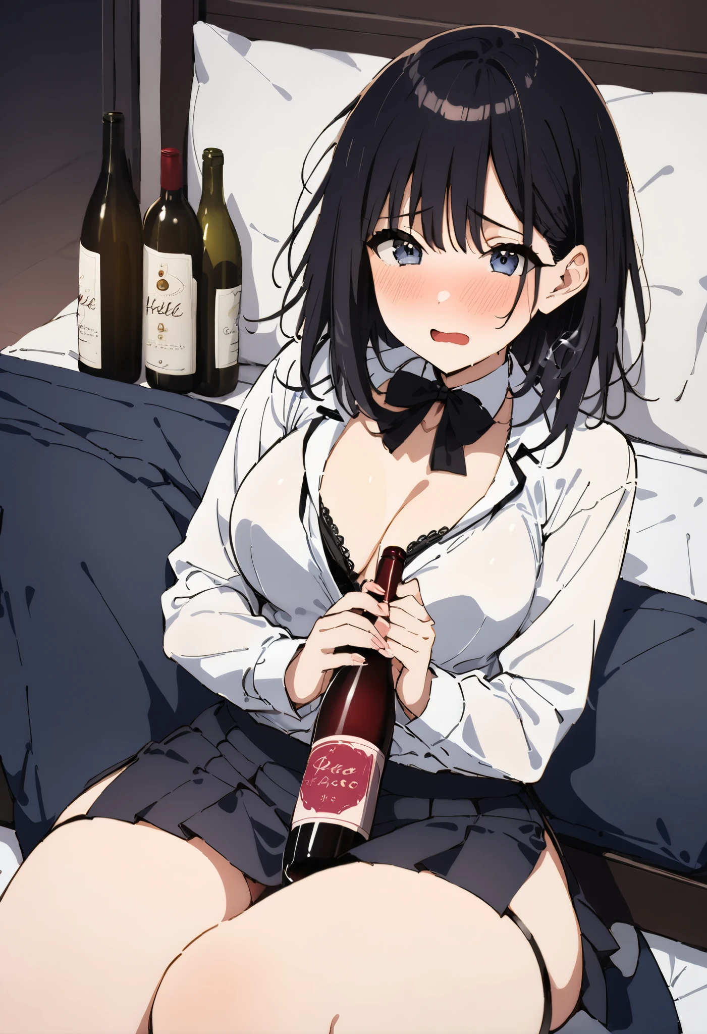 (( better quality)),(( Masterpiece)),(detailed9 ,( 1 girl 1 man ), sexually, altura 1 6 8 18cm ama de casa tetona milf con cabello negro corto y mujer madura con ojos cerrados bothers, Drunk blushing , disheveled, sonrisa bothers, short skirt , shirt with neckline, breasts, big legs, perfect body , wide hips, She is sitting on her boss's lap in a suit in the love hotel area at night, bottles of wine , sitting on the legs of their boss , bothers, lace, blush, drunk, rubber, pose of please stop,