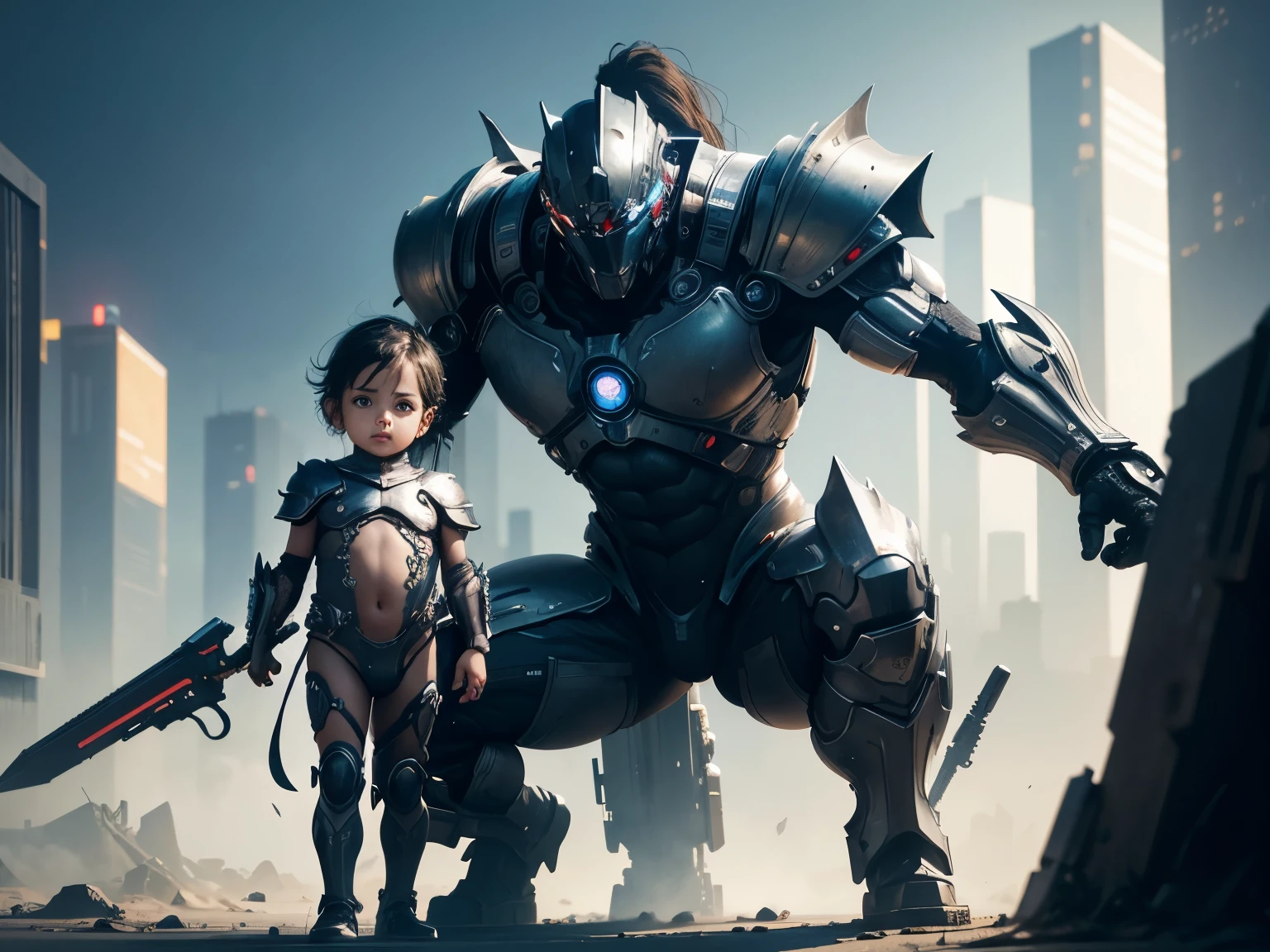 Image of beauty woman and a toddler babyboy, (realistic, detailed, best quality), full body, hold weapon, dynamic pose, naked futuristic armor, cyberpunk background