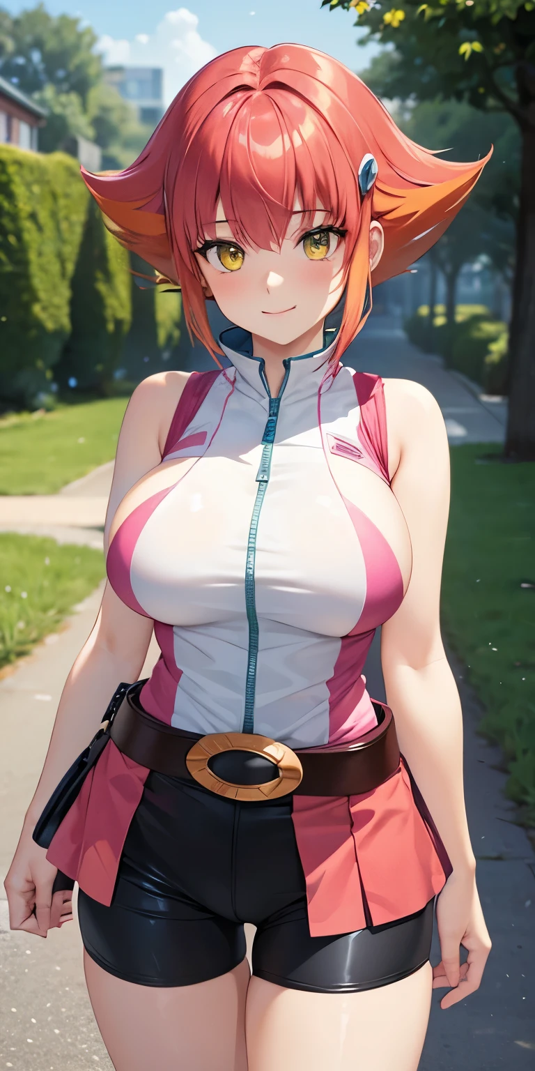 1 Female,High definition,high resolution,Ultra-realistic,8K, Annadef, 1girl, solo, multicolored hair, two-tone hair, hair ornament, yellow eyes, short hair, pink hair, red hair, orange hair, large breasts, breasts, 
smile, shorts, sleeveless, belt, black shorts, bike shorts,pink skirt, large breasts,European,sexy,Photographed from the front,Dynamic Angles,(blush), (medium tits) 