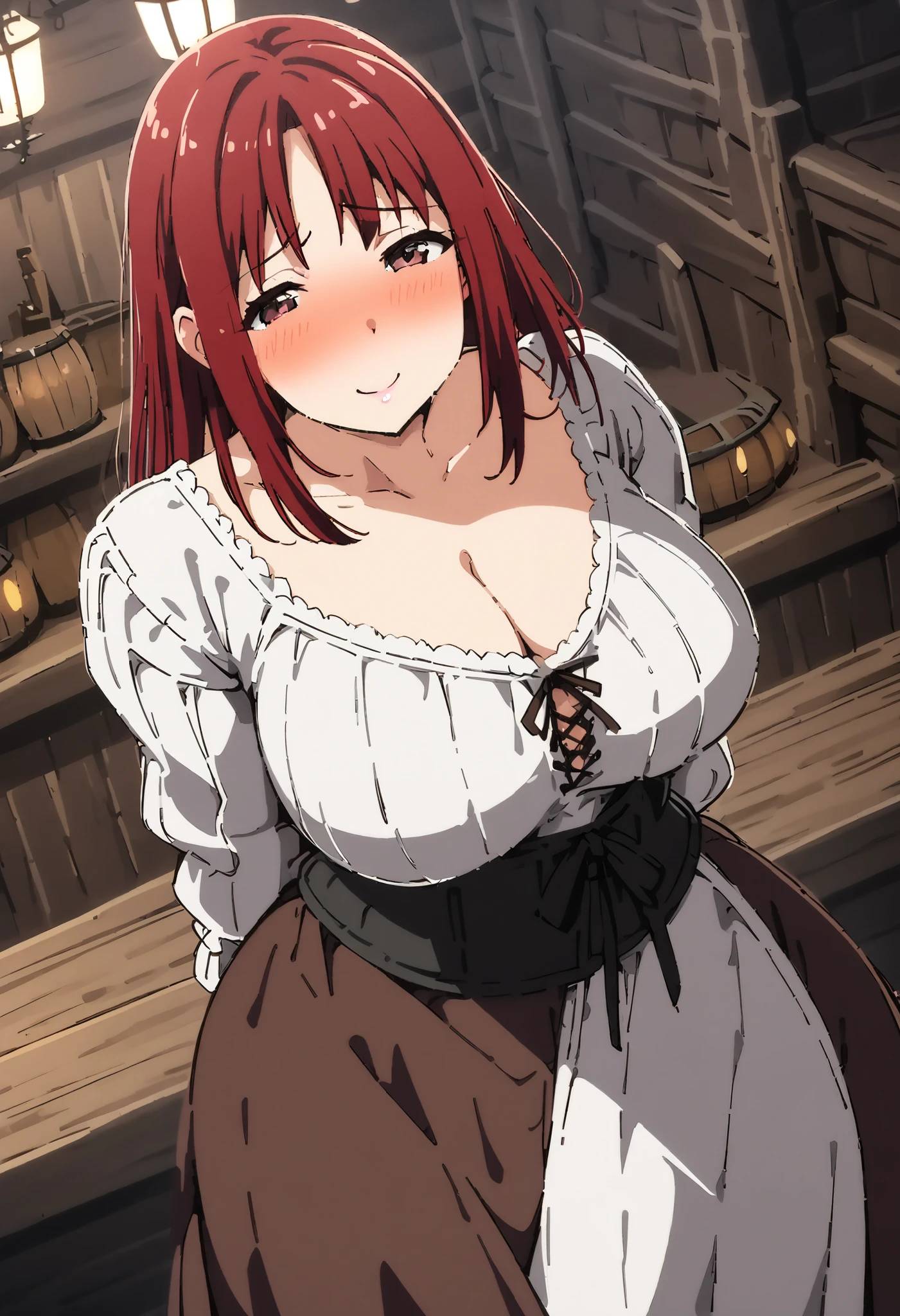 attractive mature woman in very tight medieval peasant dress with neckline, straight red hair,  sensual look, brown eyes, in a tavern, inn, erotic, sensual, Milf, ecchi,  shy expression , sexy pose, medieval tavern, Smile shame,  perfect body , blush,  tight dress , ,pose of please stop