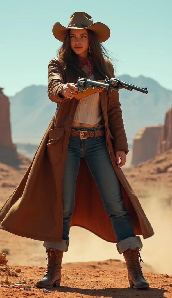 Colt Single Action, a wild west cowboy woman shooting with two Colt Single Action revolver guns in his hands