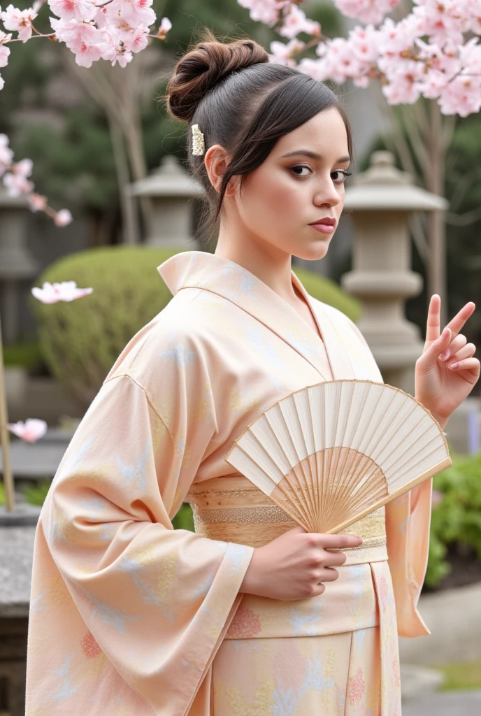 Prompt for Jenna Ortega based on the "Japanese Yukata/Japanese-style yukata/Japanese style yukata " Theme
"Jenna Ortega embodies the elegance and grace of traditional Japanese culture in a stunning Yukata for the SeaArt Daily Challenge. Her Yukata is a beautiful blend of soft pastels, featuring a delicate floral pattern that represents the essence of Japanese-style yukata (Wafuku Yukata). The Yukata is adorned with a traditional Obi belt in a contrasting color, tied in a perfect bow at the back, adding a touch of sophistication.

Her hair is styled in a classic Japanese updo, with a few loose strands framing her face, and she wears a Kanzashi hairpin that complements the colors of her Yukata. Jenna's makeup is subtle and elegant, with a touch of red on her lips and a soft blush on her cheeks, enhancing her natural beauty.

She stands in a serene Japanese garden, surrounded by cherry blossoms and a traditional stone lantern, creating a peaceful and picturesque setting. The gentle breeze causes the petals to flutter around her, adding a dynamic element to the scene.

Jenna's expression is calm and serene, capturing the spirit of tranquility that the Yukata represents. She holds a folding fan in one hand, adding an authentic touch to her overall look.

The image is rendered with high detail, focusing on the intricate patterns of the Yukata and the textures of the garden elements. The lighting is soft and natural, highlighting the colors and fabrics, and creating a warm, inviting atmosphere.

This artwork celebrates the beauty and tradition of the Japanese Yukata, showcasing Jenna's grace and elegance in a culturally rich and visually stunning setting.