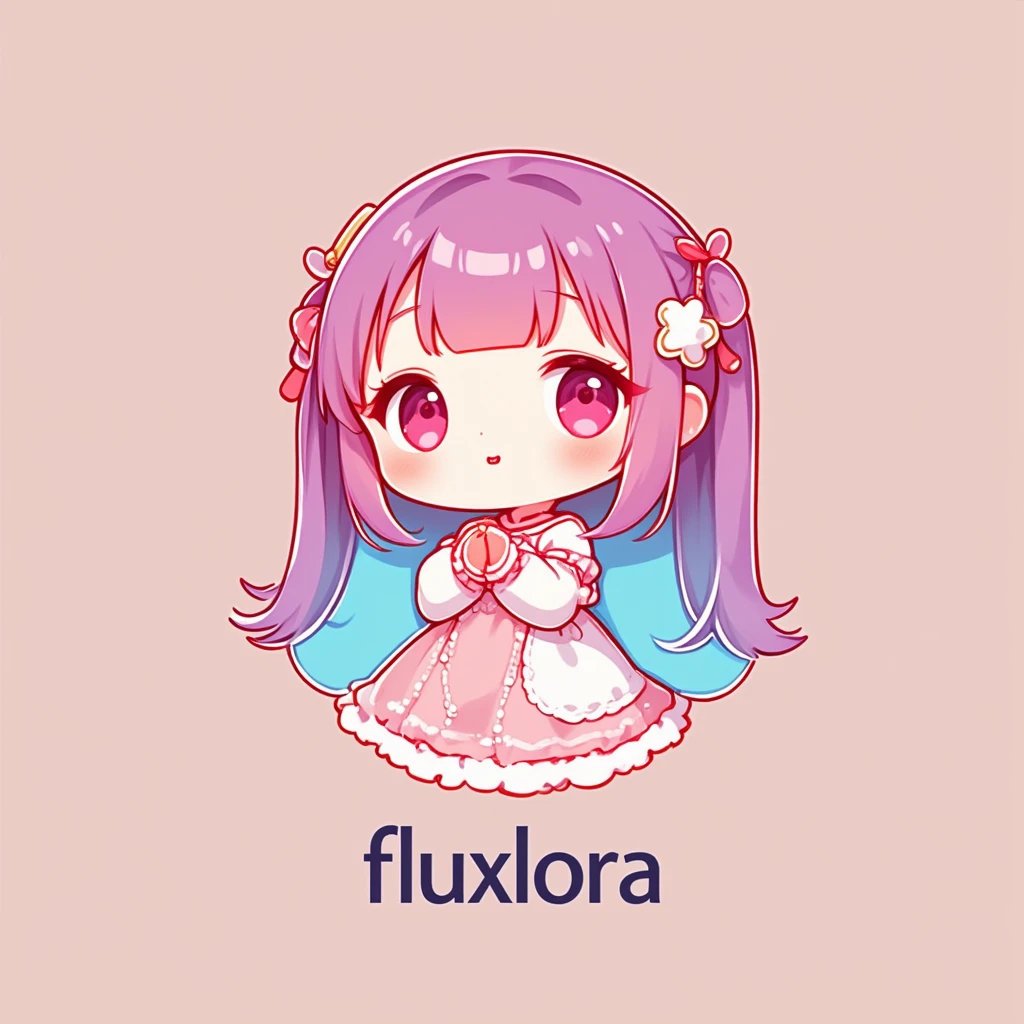 cocoart,chibi,simple art,1girl,flat color,logo, text is "FluxLoRA",kawaii