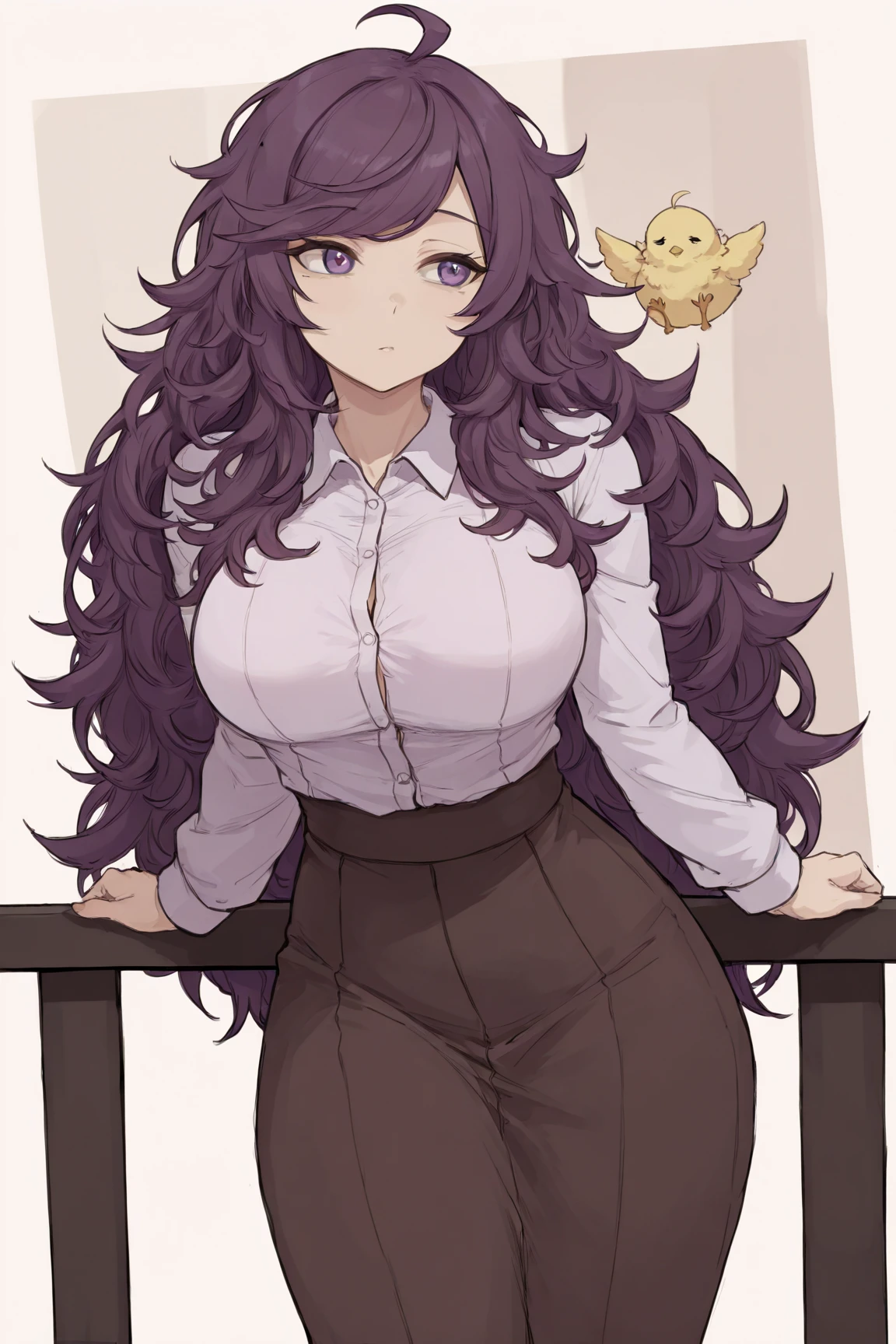 masterpiece, best quality, newest, absurdres, highres, 1girl, purple eyes,purple  hair, long hair, messy hair but not exaggerated, swept bangs, ahoge, chic clothes for a meeting, the girl is standing, 17 anos