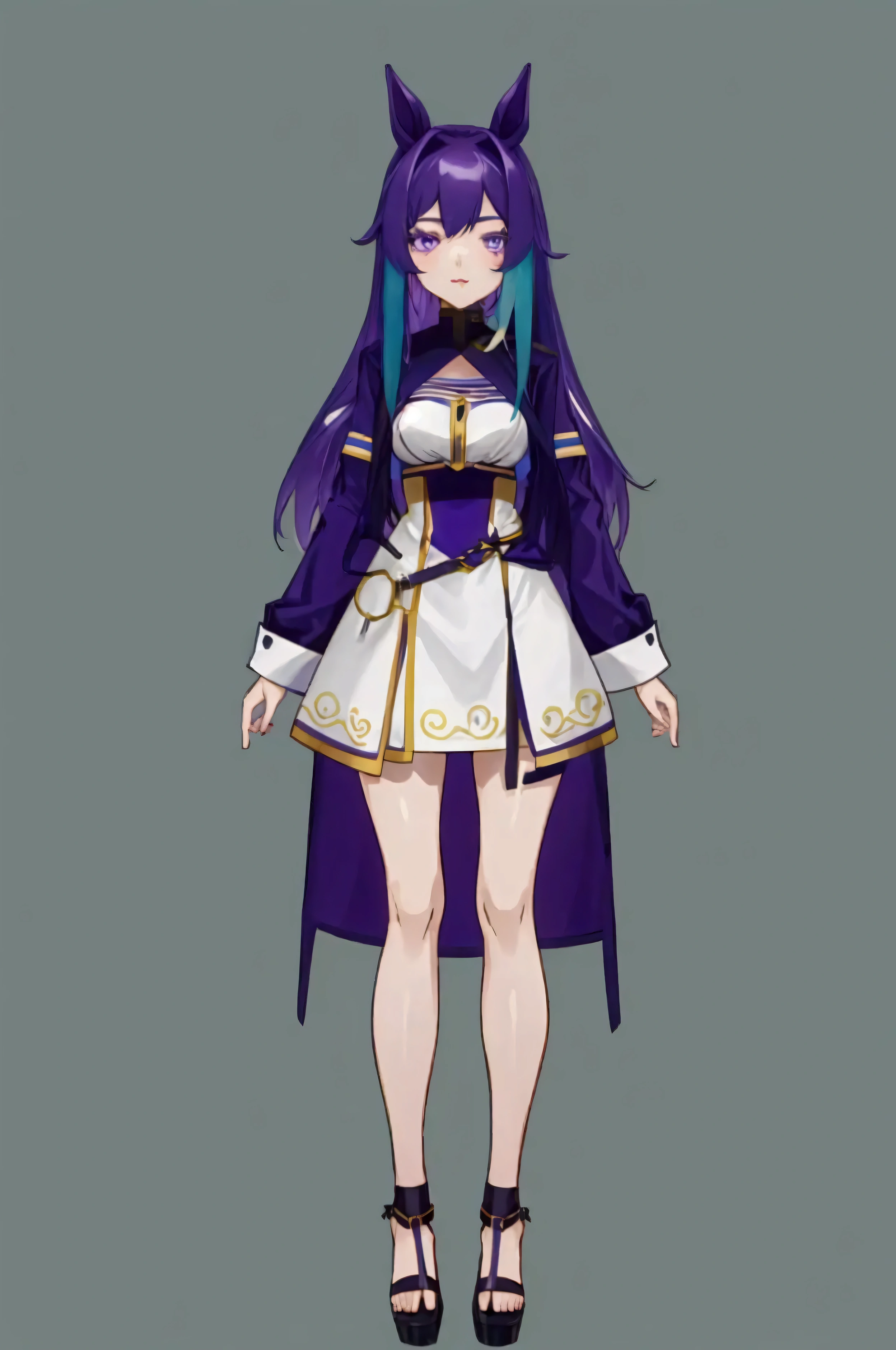 (full body), ((simple blue chroma background)), 22-year-old long straight purple hair, horsetail in her hair, purple eyes, anime-long style 2000, short dress tight with golden detailing, breasts bigger than her head, flirty look, lipstick, 4k, hd, self-definition, good image quality and lined, (vtuber-fullbody),