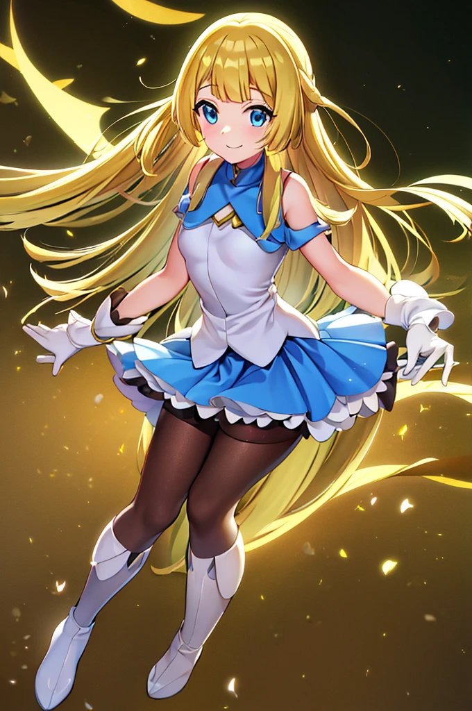  Golden Hair 、 smiling、mecha wing、Thighs、Brown tights、chest、Lillie、lily、 Pokémon、pokemon、 blue eyes 、  1 girl、 solo girl 、 headset、 light blue miniskirt