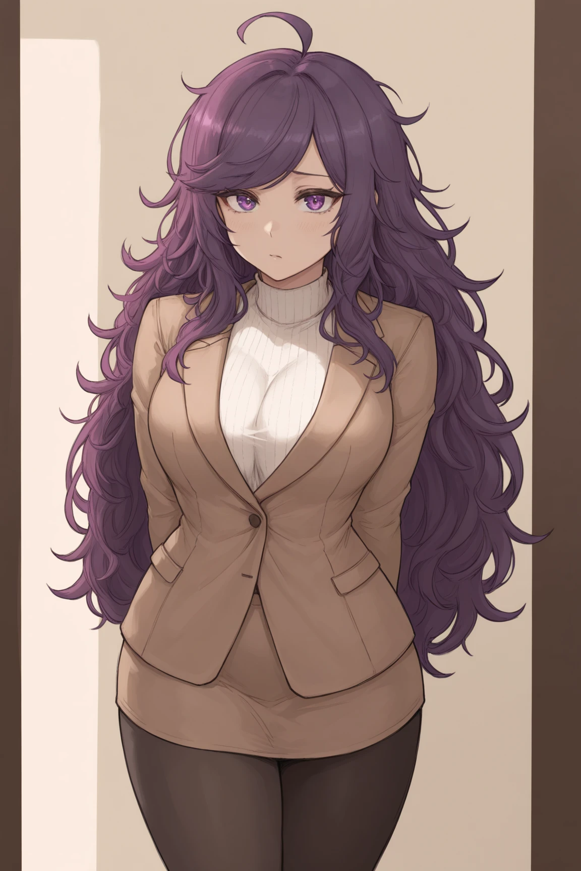 masterpiece, best quality, newest, absurdres, highres, 1girl, purple eyes,purple  hair, long hair, messy hair but not exaggerated, swept bangs, ahoge, chic clothes for a meeting, the girl is standing, 17 anos,ar livre,cidade