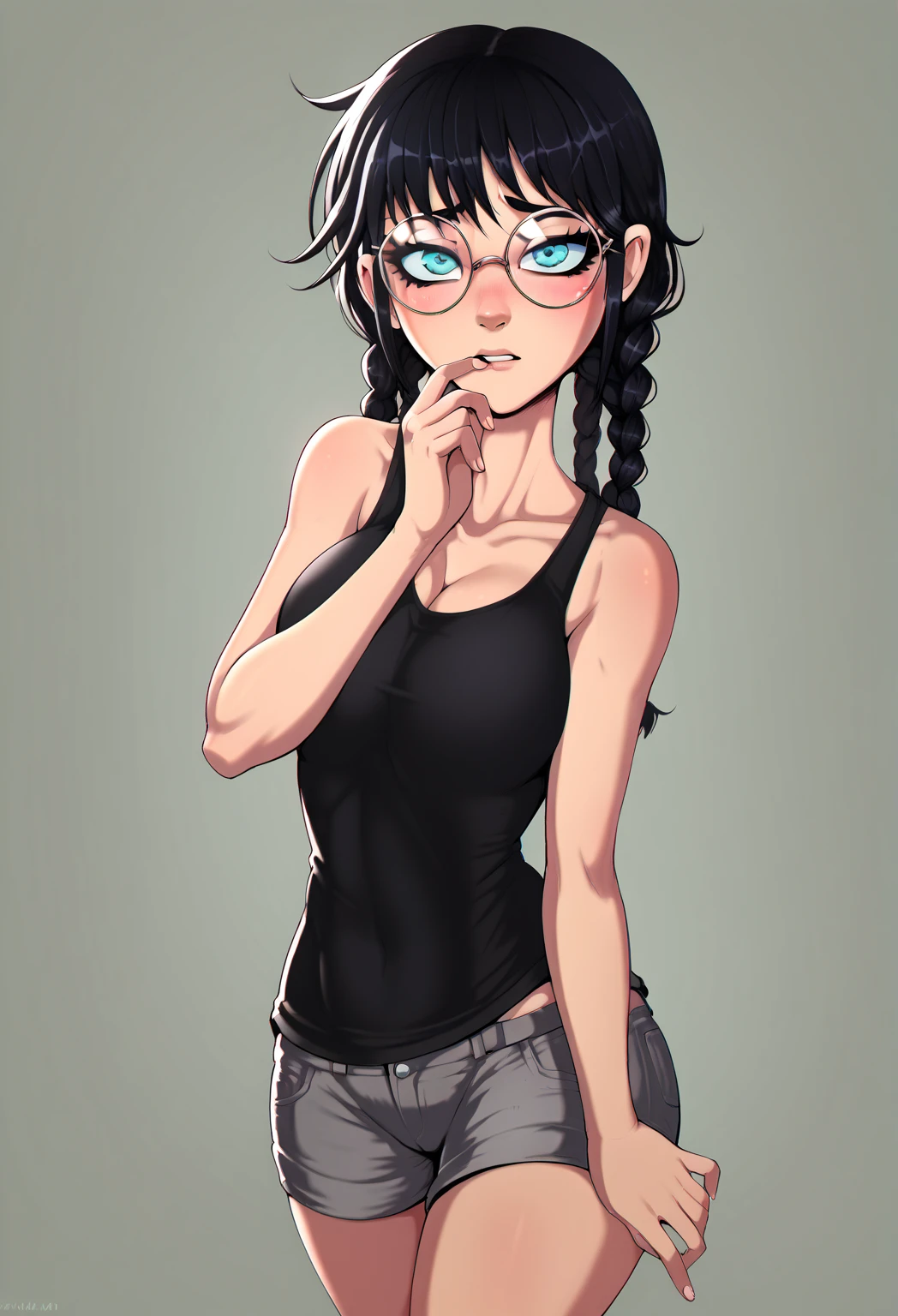 score_9, score_8_up, score_7_up, score_6_up, Shadman Style, 1girl, (((cartoon))), (((cartoon style))), D-ART, D-ART Style, 18dart3, 18dart2, 18DART1, 2d, black hair, double braids, big eyes, cyan eyes, big round glasses, long eyelashes, thin, slender body, medium boobs, black tanktop, gray shorts, no background, sexy, shy, timid, facing left