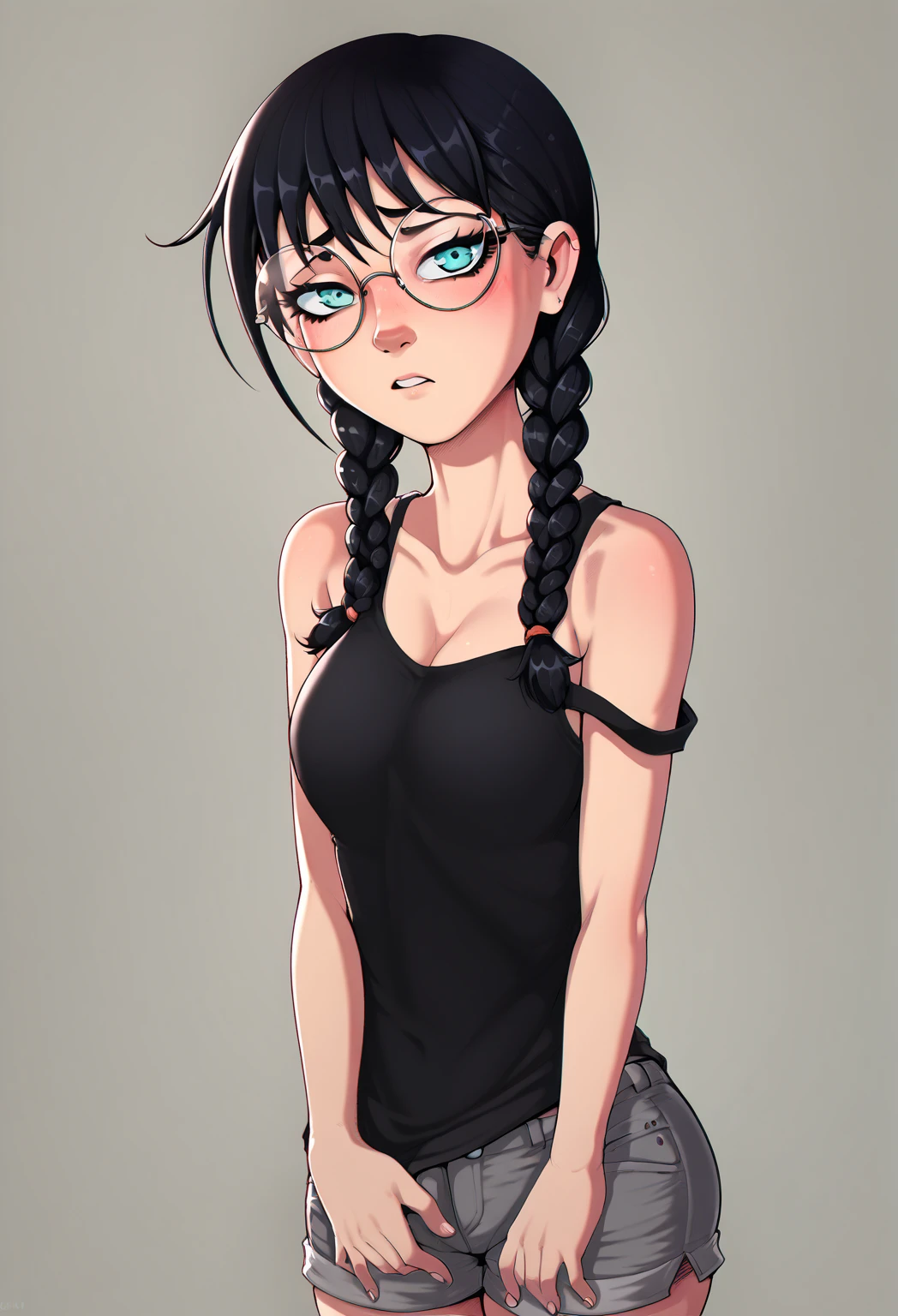 score_9, score_8_up, score_7_up, score_6_up, Shadman Style, 1girl, (((cartoon))), (((cartoon style))), D-ART, D-ART Style, 18dart3, 18dart2, 18DART1, 2d, black hair, double braids, big eyes, cyan eyes, big round glasses, long eyelashes, thin, slender body, medium boobs, black tanktop, gray shorts, no background, sexy, shy, timid, facing left