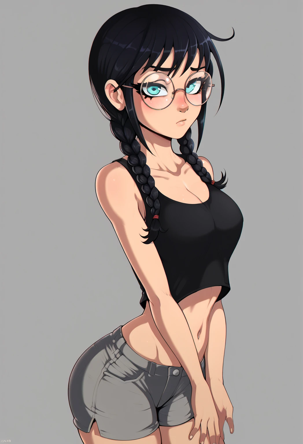 score_9, score_8_up, score_7_up, score_6_up, Shadman Style, 1girl, (((cartoon))), (((cartoon style))), D-ART, D-ART Style, 18dart3, 18dart2, 18DART1, 2d, black hair, double braids, big eyes, cyan eyes, big round glasses, long eyelashes, thin, slender body, medium boobs, black tanktop, gray shorts, no background, sexy, shy, timid, facing left