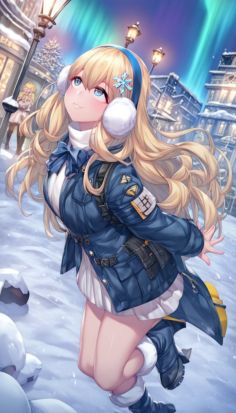 score_9,score_8_up,score_7_up BREAK source_Anime,break, suomi (girls' frontline), 1 girl, blue eyes,Blonde, (suomi-norma :1.5), smile,  long hair, white earmuffs,緑のカチューシャ break つやのある瞳,  beautiful eyes,  enchantment,  erotic,, snowflake hair ornament,  ãã¼ ãã ¡ãâã³,  blue headband, hair between eyes,  jacket,  white knee-high,  boots,  Long Sleeve , smile,  outdoors on the street at night, snow,  Aurora Borealis , Look up, from side,