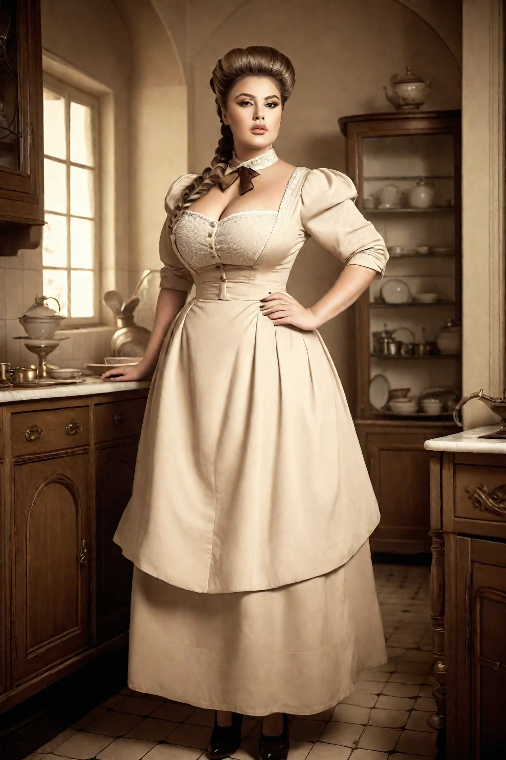 Full body shot of Anastasia Kvitko as a voluptuous buxom plump young french governess standing in the kitchen, opulent updo hairstyle, side braids, hourglass shaped figure, old vintage sepia toned photography, vignette, scratches