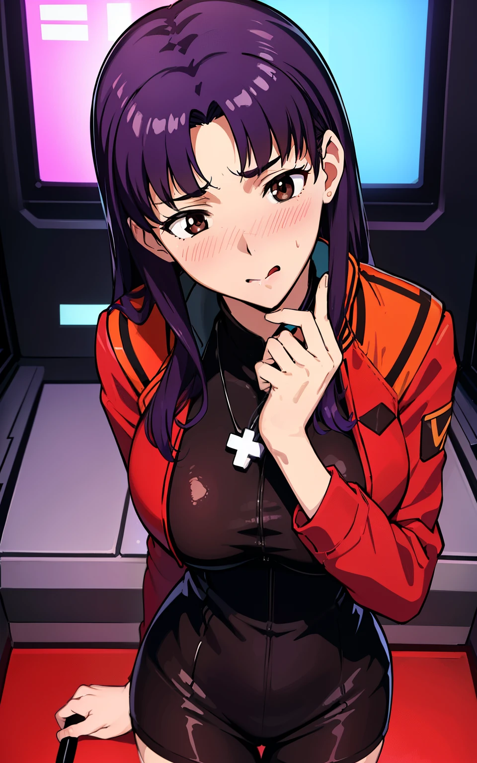 realisticlying,extremely detailed CG、high resolution、absurderes:1.8、detailed background:1.3、beautiful detailed hair、、、, attire: Black Bodycon、jacker, Red jacket,、middlebreast、 short black tight dress, (((brown-eyed、control room))), Purple hair, Medium Hair, cross necklace, slim waist、((Misato katsuragi, fellatio:1.3, penis:1.3、1woman & 1man:1.3))、NERV、Perfectly detailed face, (embarrassed、blush:1.3)、(ecstasy:1.4) ,(slut:1.3)