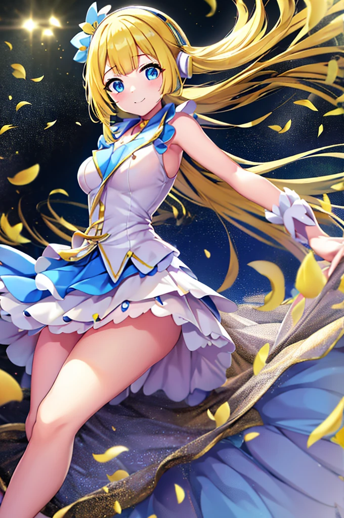  Golden Hair 、 smiling、mecha wing、Thighs、茶色のタイツ、chest、Lillie、lily、 Pokémon、pokemon、 blue eyes 、  1 girl、 solo girl 、 headset、 light blue miniskirt、Idol、Idol。Idoi costume 