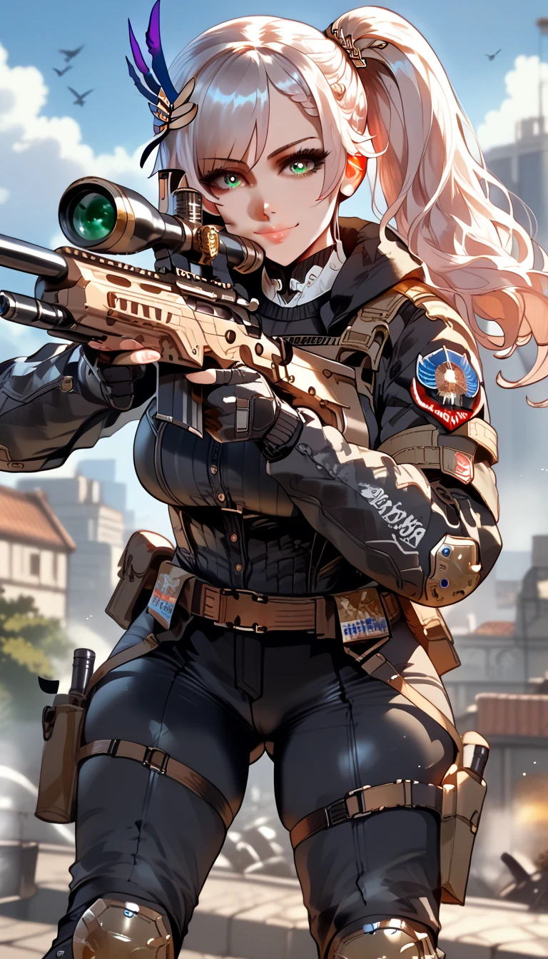 ultra-detailed, 1girl, solo, PavoliaReine, (masterpiece)), (best quality), (highres), 16K, bright pupils, long hair, side ponytail, feather hair ornament, wearing tactical clothes, tactical belt, black thong, knee pads, busty body, large breasts and a beautiful ass, showcasing cleavage, legs, hips, (holding Sniper Rifle), looking at viewer, detailed face, smile, detailed hair, detailed full body, rooftop background