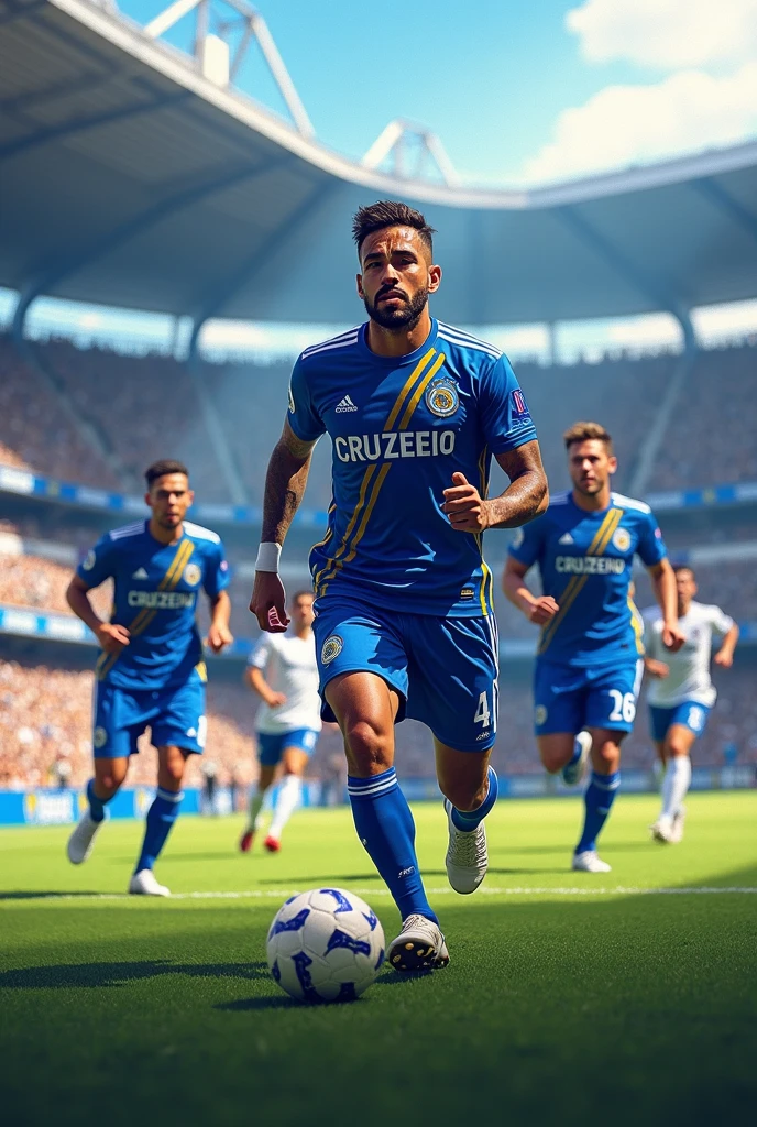 Uniforms of a white and blue soccer team with master sponsor Esporte da Sorte