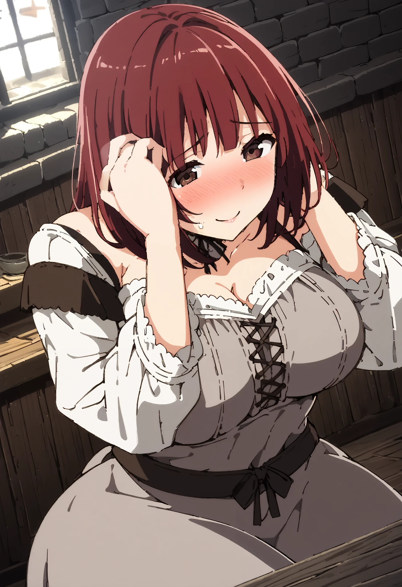 ( 1 woman 1 man ),attractive mature woman in very tight medieval peasant dress with neckline, straight red hair,  sensual look, brown eyes, in a tavern, inn, erotic, sensual, Milf, ecchi,  shy expression , sexy pose, medieval tavern, Smile shame,  perfect body , blush,  tight dress , ,pose of please stop,  full body , Hand in hand with a medieval man,