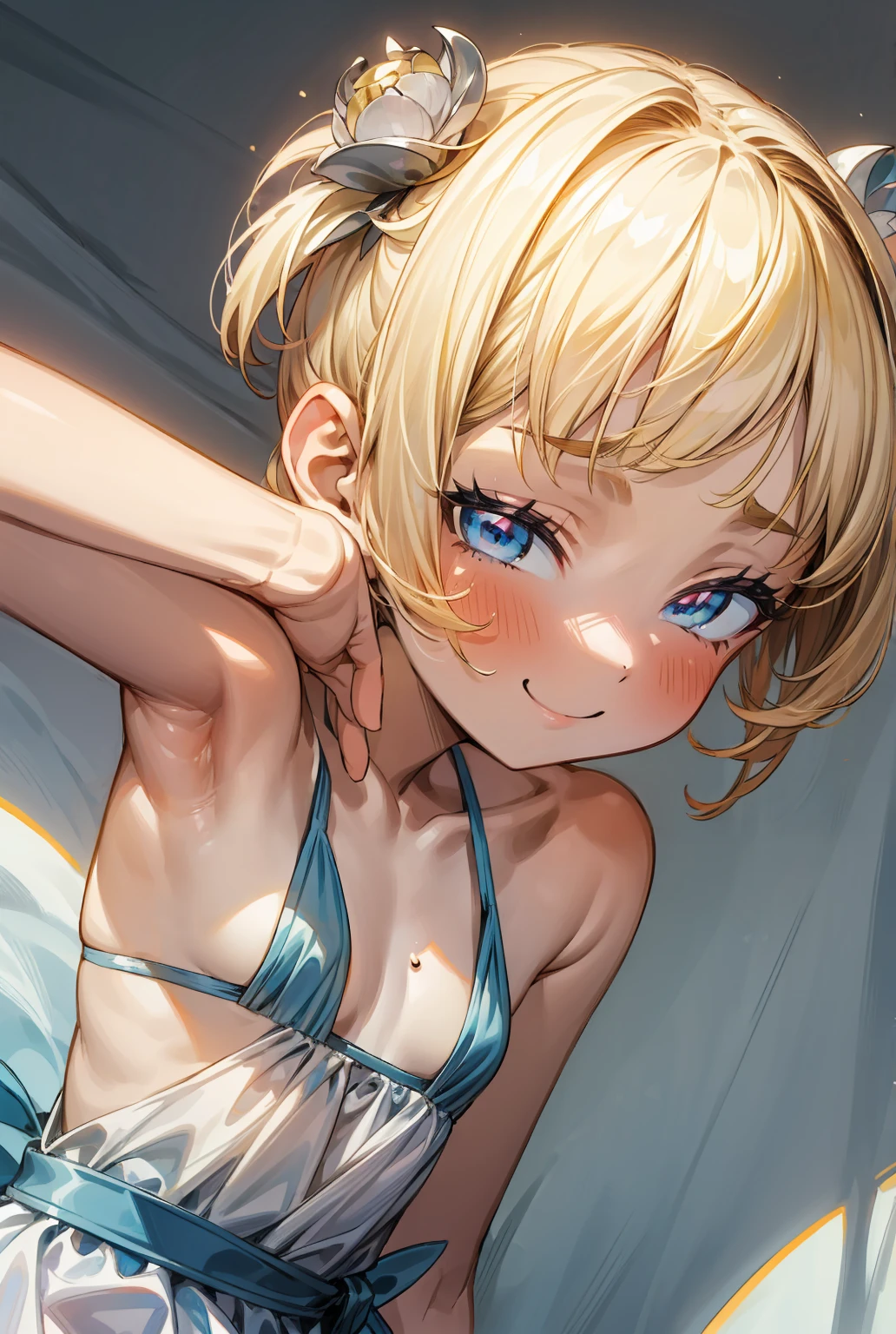 (masterpiece, best quality, high resolution), (kawaii, very big eyes, small face), blond hair, (star) hair ornament, extremely detailed CG unity 8k wallpaper, perfect lighting, extremely detailed, ultra-detailed, illustration, anime, perfect eyes, detailed eyes, perfect face, close-up, face, soft lighting, 1girl, 6yo, chubby, otl, tan, latex oily black slingshot swimsuit, low twin tail hair, lying, smile, black hair, open her legs, bedroom, on the bed, looking at viewer