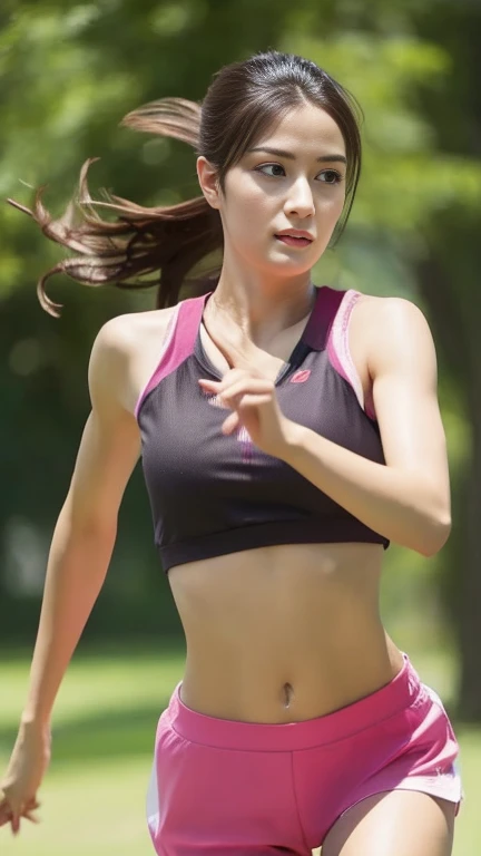 ((Highest quality)), ((masterpiece)), (detailed),Perfect Face,Japanese,Mother,40 years old,(Realistic facial wrinkles)、(Wrinkles around the eyes:1.2),(Tear bags),at the park朝jogging、Running towards here、(Wearing colorful, lightweight running clothes:1.4)、1 Japanese person、housewife、40 years old、Symmetrical eyes、Whole Body Ezbian、(Realistic facial wrinkles:1.2)、Brown eyes、(Hair all back、ponytail:1.2)、Brown Hair、(at the park、jogging)、(軽量でカラフルなjoggingウェア:1.4)、(Clothes that stick to your sweaty skin:1.4)、Sweaty face、Dripping Sweat、Wet Hair、Sweat stained clothes、(Perfect limbs)、(Beautiful big boobs、Narrow waist)、uhd、masterpiece、Ultra-detailed、Highest quality、16K