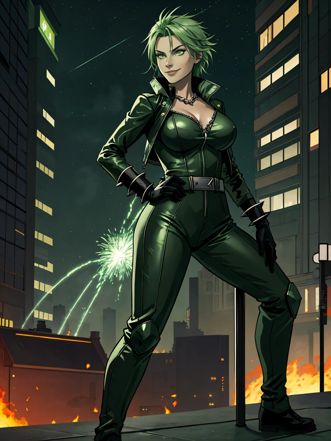 score_9, score_8_up, score_7_up, masterpiece, high quality, BREAK Realistic
 long light green hair, gray skin, green eyes, bright eyes, leather jacket, green jumpsuit, Saturn symbol on the chest, big breasts, sexy, hot, gloves, spikes, chains, strap, spike bracelet, greaves, fire, smoke , attack , attack stance, in a city, city lights, at night, green whip, green fire, explosions, dual wielding, smile, city stance, terrace.