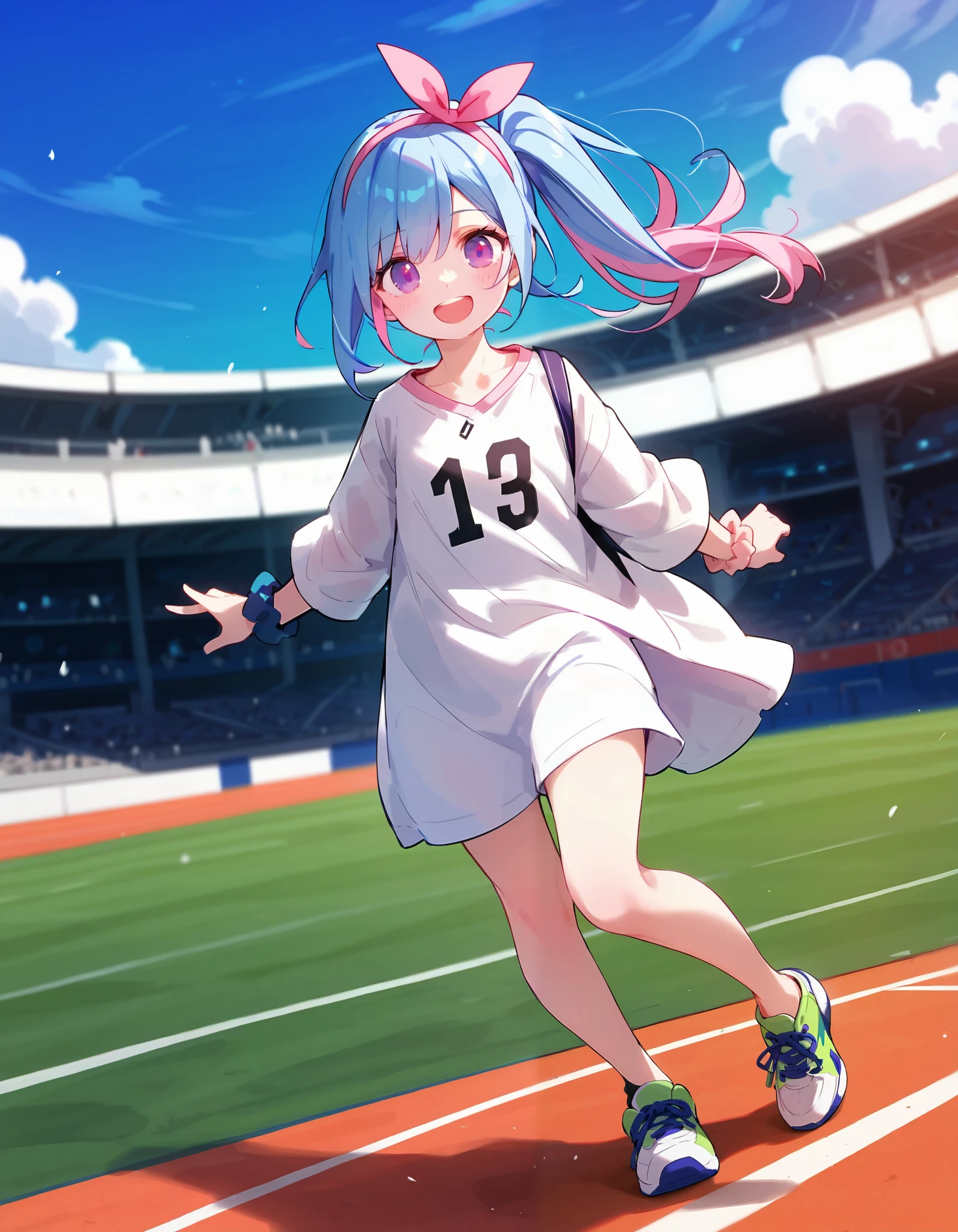 score_9,score_8_up,score_7_up, masterpiece,ultra-detailed CG illustration,top quality, best quality, a girl on stadium roof,1girl,solo, purple eyes, full body, looking at viewer, collarbone, shoes, green footwear,multicolored hair, smile, side ponytail,long shirt, open mouth, pink hair, blush, sneakers, long hair, hairband, bangs, white shirt, blue hair, wrist scrunchie, single thighhigh,stadium, standing