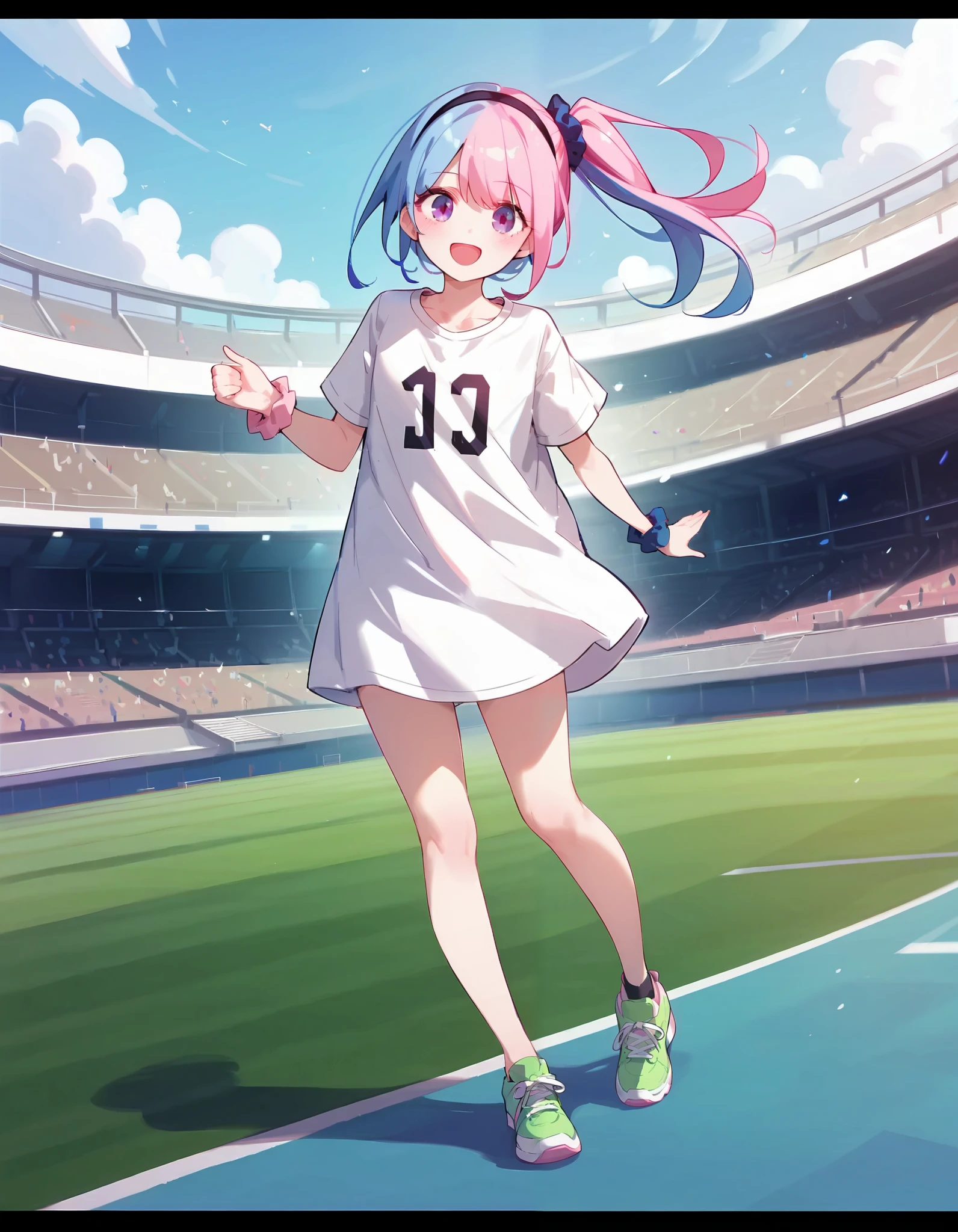 score_9,score_8_up,score_7_up, masterpiece,ultra-detailed CG illustration,top quality, best quality, a girl on stadium roof,1girl,solo, purple eyes, full body, looking at viewer, collarbone, shoes, green footwear,multicolored hair, smile, side ponytail,long shirt, open mouth, pink hair, blush, sneakers, long hair, hairband, bangs, white shirt, blue hair, wrist scrunchie, single thighhigh,stadium, standing