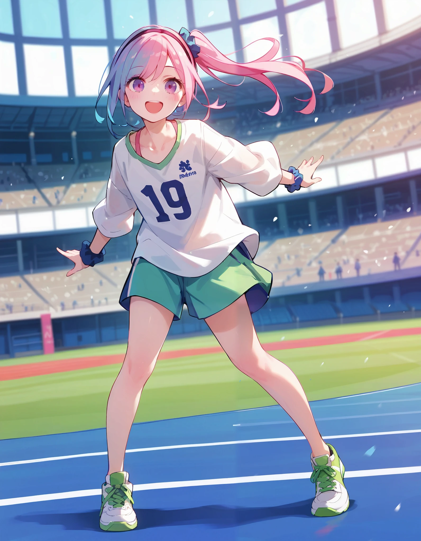 score_9,score_8_up,score_7_up, masterpiece,ultra-detailed CG illustration,top quality, best quality, a girl on stadium roof,1girl,solo, purple eyes, full body, looking at viewer, collarbone, shoes, green footwear,multicolored hair, smile, side ponytail,long shirt, open mouth, pink hair, blush, sneakers, long hair, hairband, bangs, white shirt, blue hair, wrist scrunchie, single thighhigh,stadium, standing