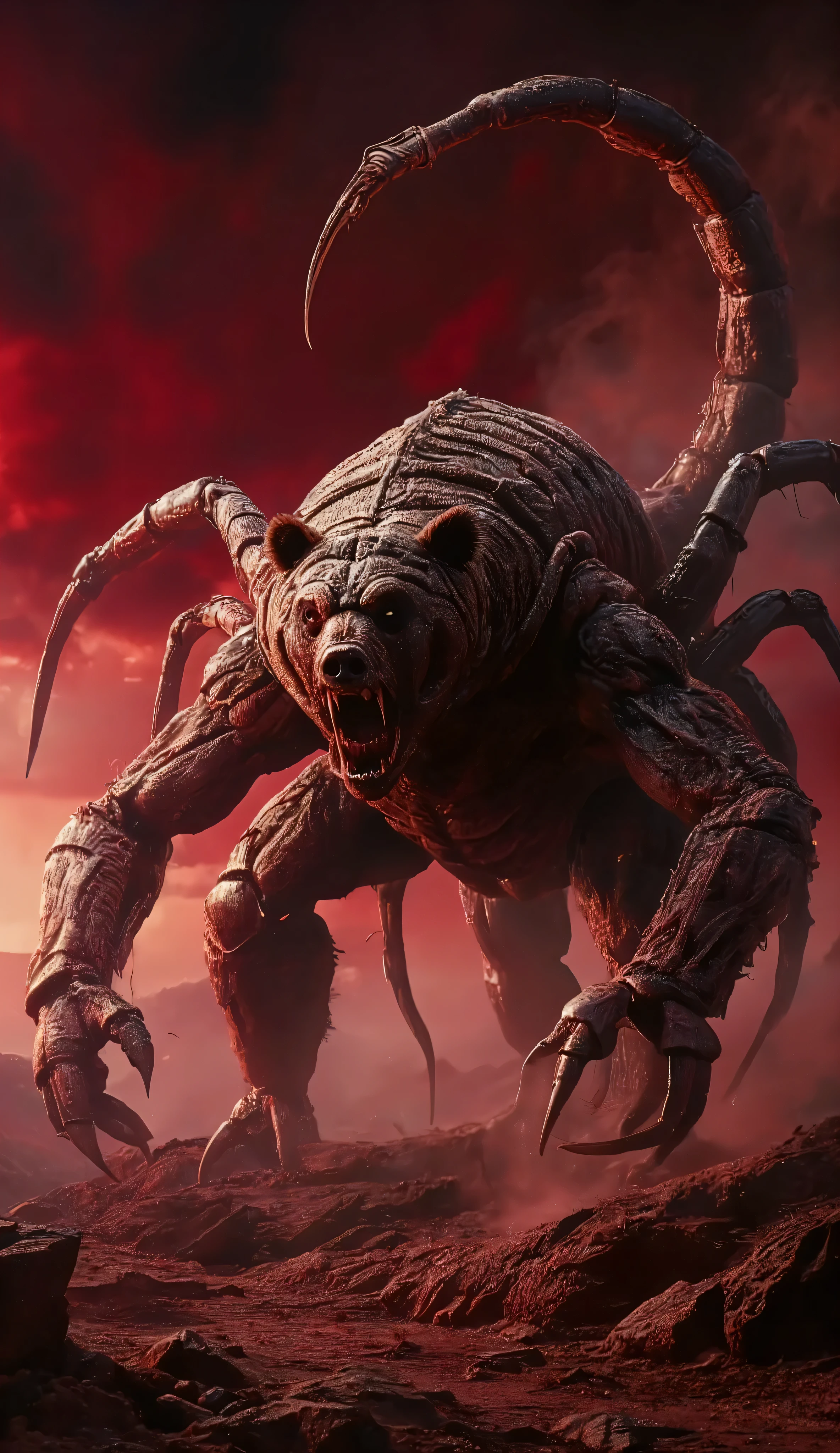 Horror scene, outlast, silent hill atmosphere. A monstrous bear-scorpion hybrid stands amid the rocky desert under the same blood-red sunset. Its massive body is covered in thick fur with patches of armored scorpion exoskeleton. It has scorpion-like legs with sharp claws jutting out from its sides, and a segmented tail ending in a venomous stinger arches over its back. Dust swirls around it as it looms over the rocky terrain, blending both creatures' fearsome presence, (Ultra-realistic, 32k, Masterpiece, High Quality, Detailed Realistic Background, Official Art, Realistic Lighting, filmfotos, film grain, reversal film photography), Mysterious