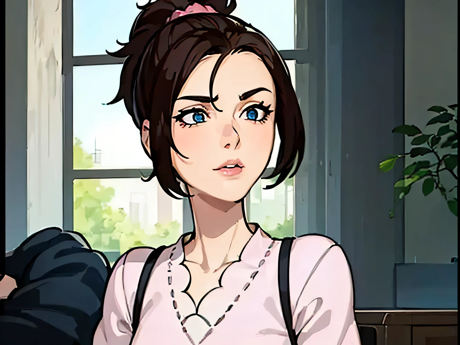 (masterpiece, best quality:1.2) 1girl, woman in her early 20s, pink shirt, face close-up, brown hair, ponytail, indoors, blue eyes, lipstick, looking at viewer, plant muse