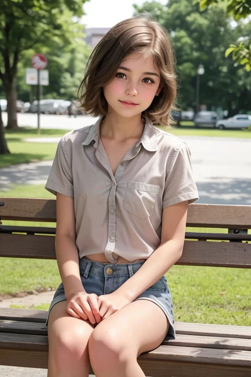 sweet girl,  , , a gentle young beautiful face ,  subtle regular facial features ,  light brown hair ,  Short hair ,  grey eyes ,  sits on a park bench reading a book .  Dressed in shorts and a transparent shirt with straps.  professional photo 4k ,  high detail.