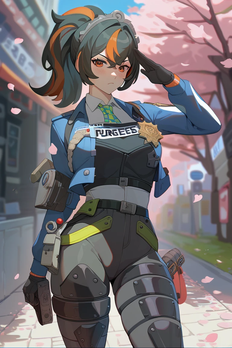 BREAK source_anime, 1girl, solo, outdoors, street, cherry blossoms, cowboy shot, standing, looking at viewer, zhu yuan, orange eyes, black hair, long hair, streaked hair, ponytail, metal hairband, police uniform, blue jacket, cropped jacket, long sleeves, black vest, two-tone vest, black gloves, green necktie, plaid necktie, black pants, high-waist pants, belt, thigh straps, knee pads, holster, tight pants, serious, blush, salute