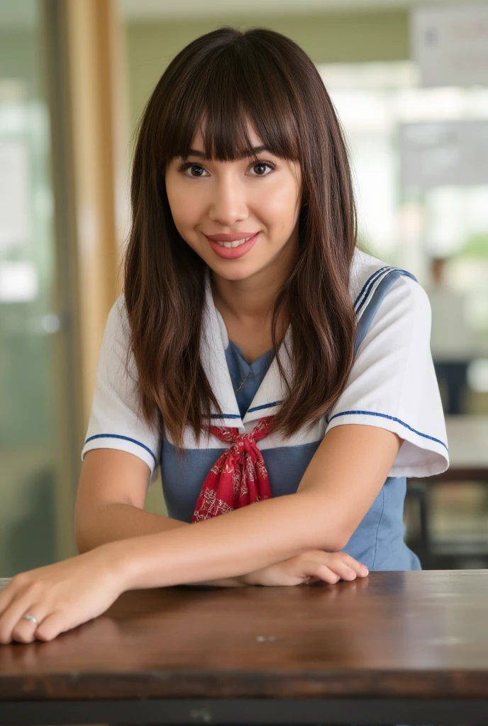 1girl
solo
long hair
looking at viewer
smile
bangs
brown hair
brown eyes
school uniform
upper body
short sleeves
teeth
serafuku
indoors
sailor collar
neckerchief
cosplay
realistic
