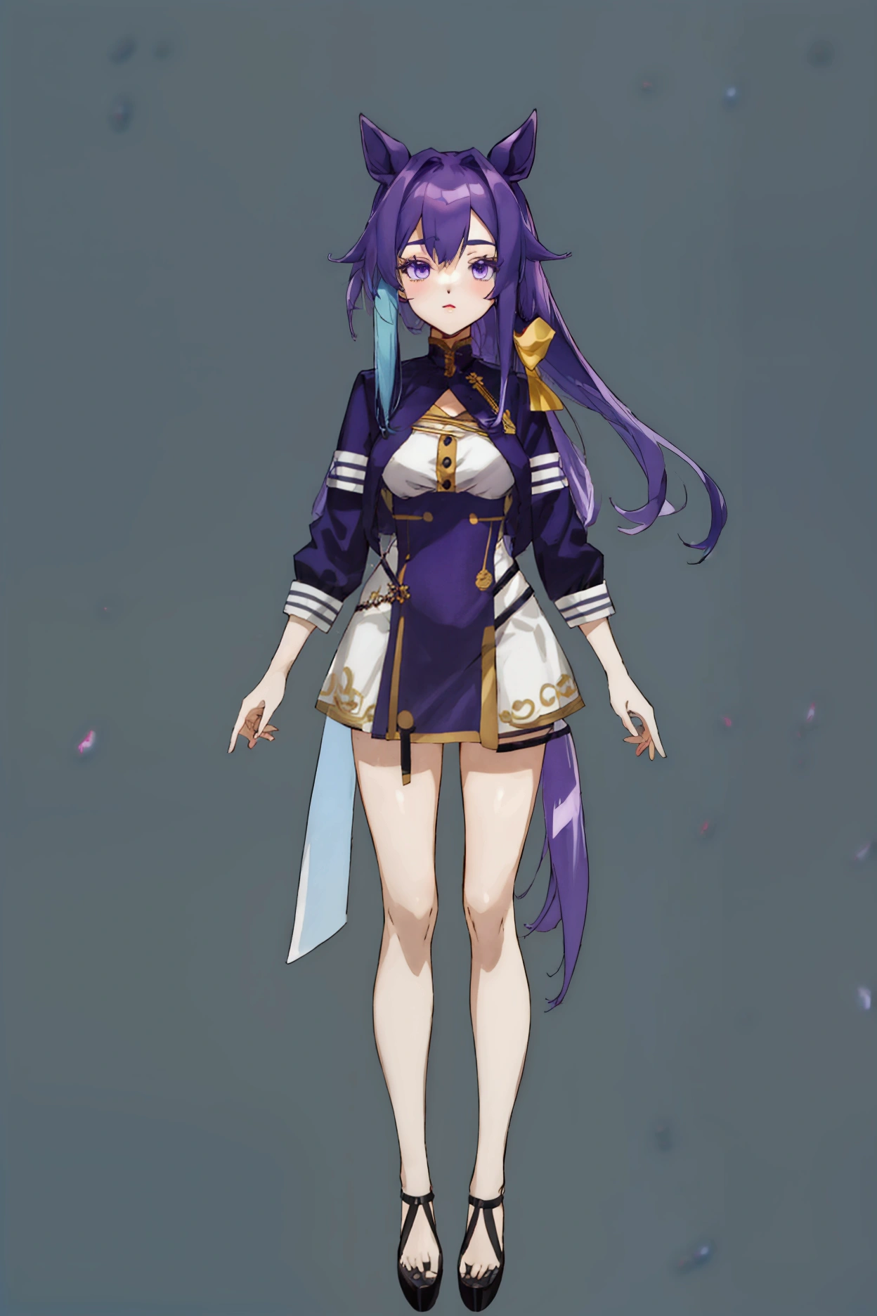 (full body), ((simple blue chroma background)), 22-year-old long straight purple hair, horsetail in her hair, purple eyes, anime-long style 2000, short dress tight with golden detailing, breasts bigger than her head, flirty look, lipstick, 4k, hd, self-definition, good image quality and lined, (vtuber-fullbody),