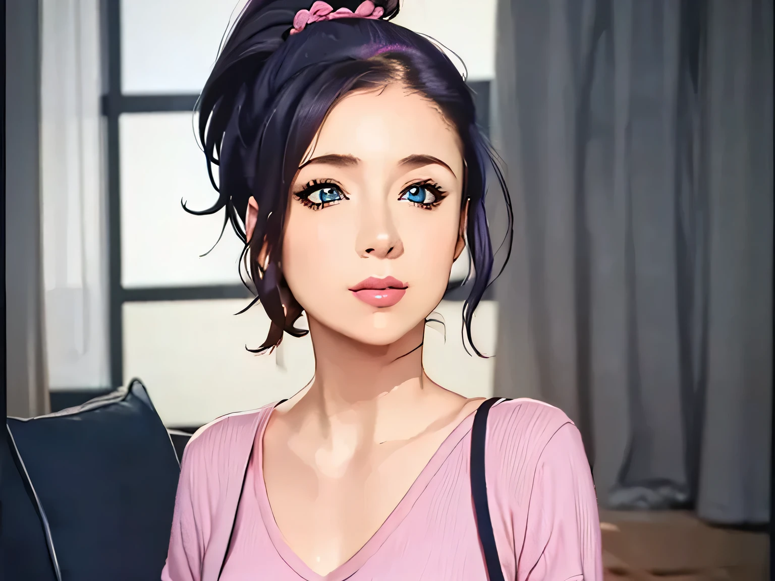 (masterpiece, best quality:1.2) 1girl, woman in her early 20s, pink shirt, face close-up, brown hair, ponytail, indoors, blue eyes, lipstick, looking at viewer, azulivo