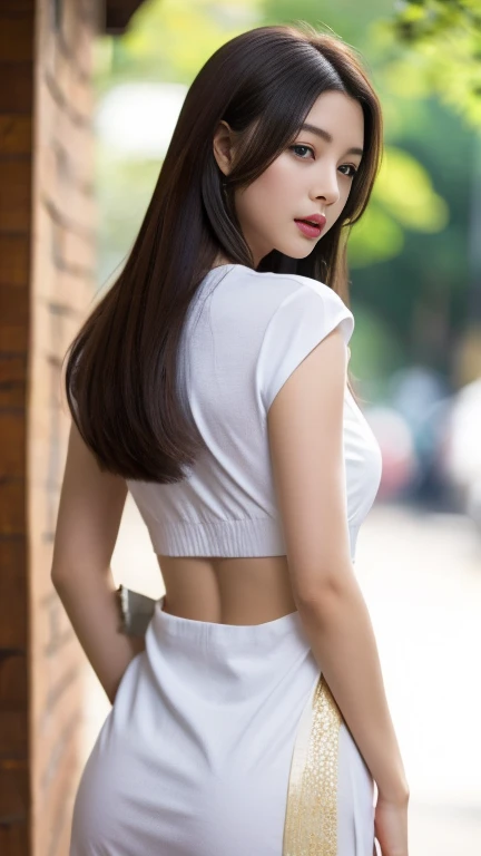 (Best Quality, masutepiece, Ultra HD: 1.3), 1girl in, middlebreasts, light brown hair, Blunt bangs, hair behind ear, hair over shoulder, Long hair, slender body shape, Ultra Fine Face, Delicate lips, Beautiful eyes, thin blush, eyes are light brown, perfect glossy skin, flawless skin, Glistening sweat, View here, Ultra-thin hands, Ultra-fine fingers, best ratio four finger and one thumb, (realisitic:1.3), Finger Extensions, See-through white blouse, White see-through tight skirt, Supermodel legs, Low Heels. White beret, Eye-Level Shot,  bustshot, 8K,Broad-leaved forest