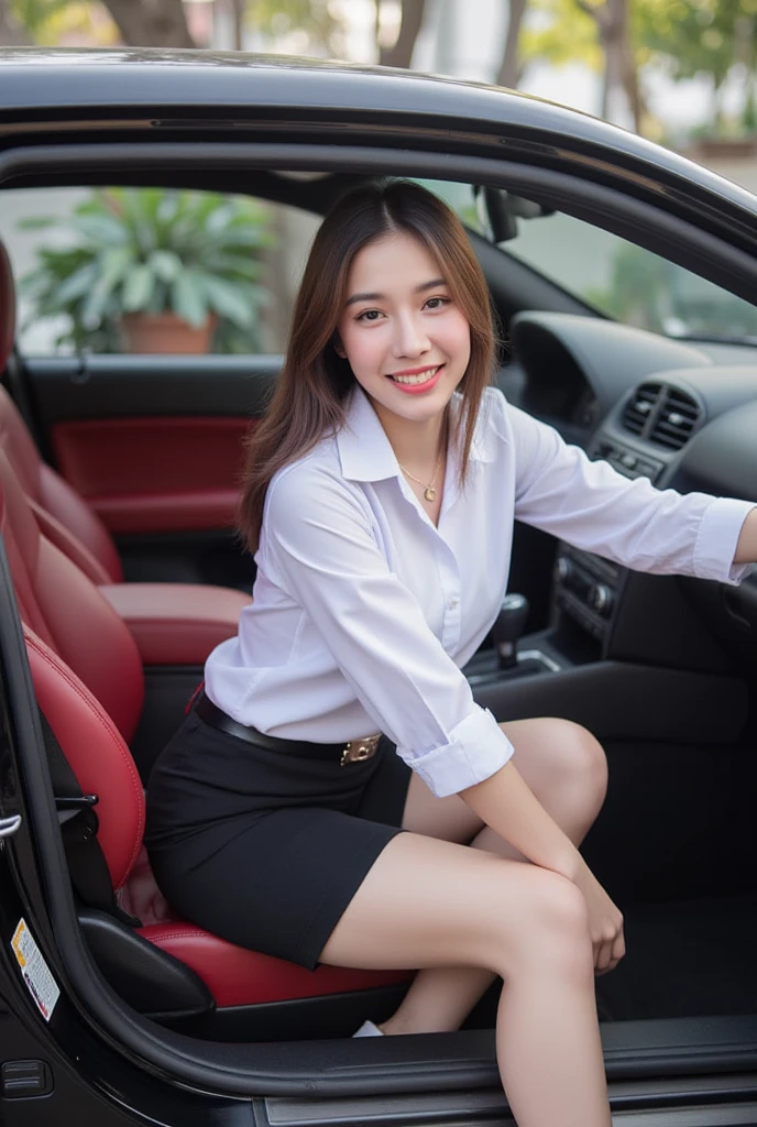 captures full body of a cute thai girl with long brown natural loose hair and light skin, slender, medium breasts, gold necklace , glamorous smiling. She is wearing cleavage white collared unbuttoned shirt short sleeves revealing medium breast  , belt, short black pencil skirt  , university uniform. She sit on driver's seat. The car interior is black with red leather seats. The background is slightly blurred, drawing focus to the subject. The lighting appears natural, possibly from window. side view