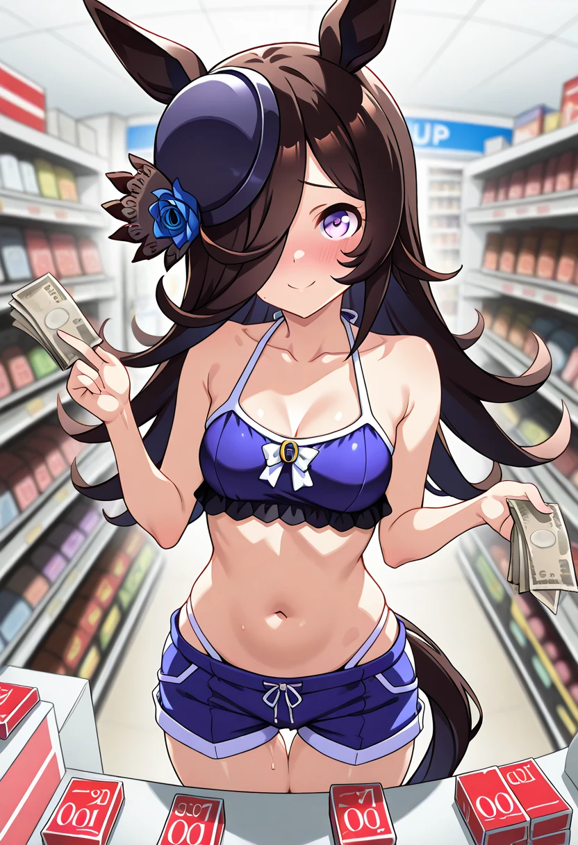 score_9, score_8_up, score_7_up, source_anime BREAK 1girl, solo, buying condoms, condom box, convenience store,, standing,rice shower (umamusume), horse ears, solo, animal ears, swimsuit, hair over one eye, horse tail, horse girl, tail, long hair, navel, blush, hat, flower,1girl,breasts,black hair in heat,blush looking at viewer, blush, smile, navel, collarbone, breasts, cleavage, thigh gap, okamoto condoms, shorts, holding money, bare  rating_questionable