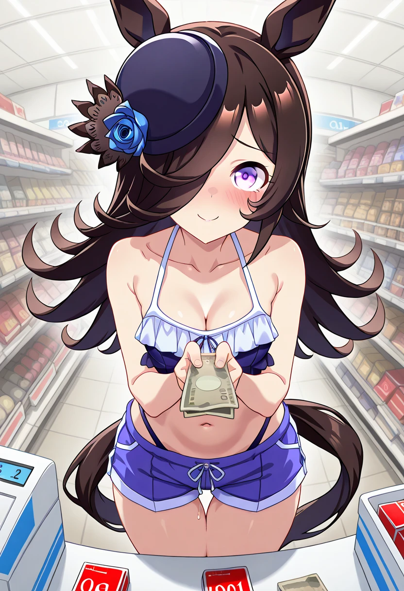 score_9, score_8_up, score_7_up, source_anime BREAK 1girl, solo, buying condoms, condom box, convenience store,, standing,rice shower (umamusume), horse ears, solo, animal ears, swimsuit, hair over one eye, horse tail, horse girl, tail, long hair, navel, blush, hat, flower,1girl,breasts,black hair in heat,blush looking at viewer, blush, smile, navel, collarbone, breasts, cleavage, thigh gap, okamoto condoms, shorts, holding money, bare  rating_questionable