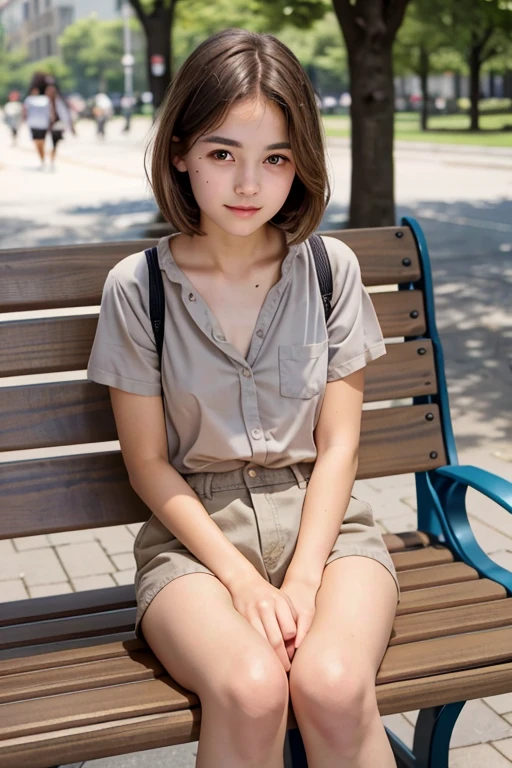 sweet girl,  age fifteen, , a gentle young beautiful face ,  subtle regular facial features ,  light brown hair ,  Short hair ,  grey eyes ,  sits on a park bench reading a book .  Dressed in shorts and a transparent shirt with straps.  professional photo 4k ,  high detail.