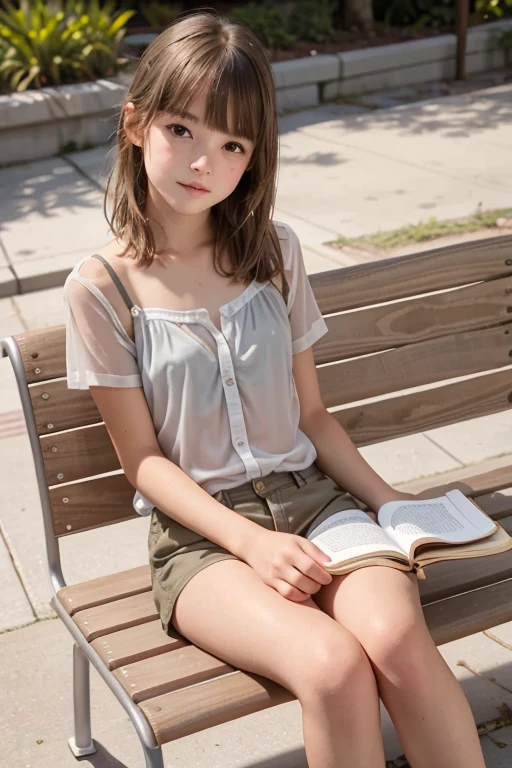 sweet girl,  age fifteen, , a gentle young beautiful face ,  subtle regular facial features ,  light brown hair ,  Short hair ,  grey eyes ,  sits on a park bench reading a book .  Dressed in shorts and a transparent shirt with straps.  professional photo 4k ,  high detail.